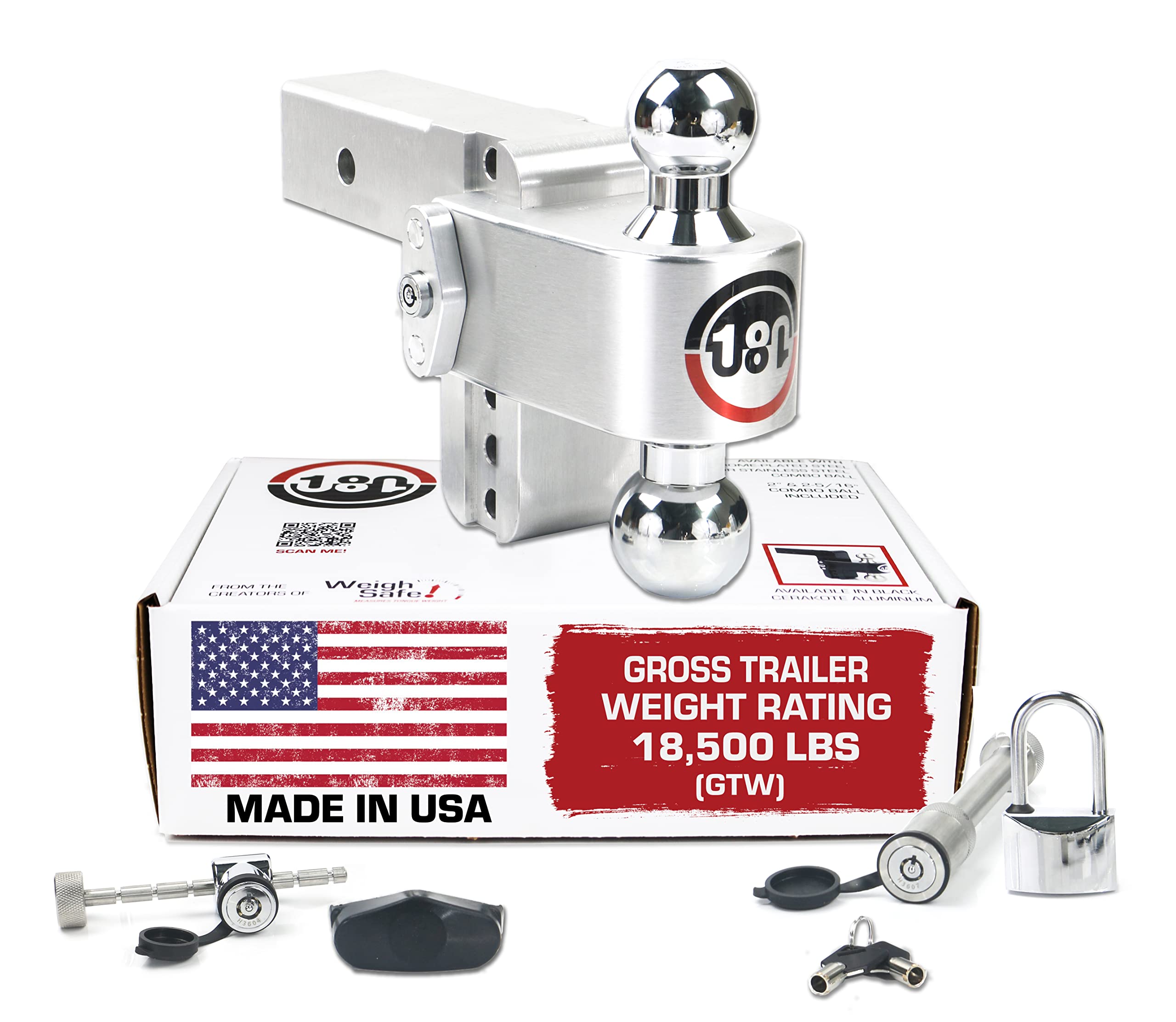 Weigh Safe Adjustable Trailer Hitch Ball Mount, 4 Adjustable Drop Hitch For 2.5 Receiver W/ 4 Pc Keyed Alike Lock Set, Heavy Duty Aluminum Trailer Tow Hitch W/Chrome Plated Tow Balls, 18,500 Gtw