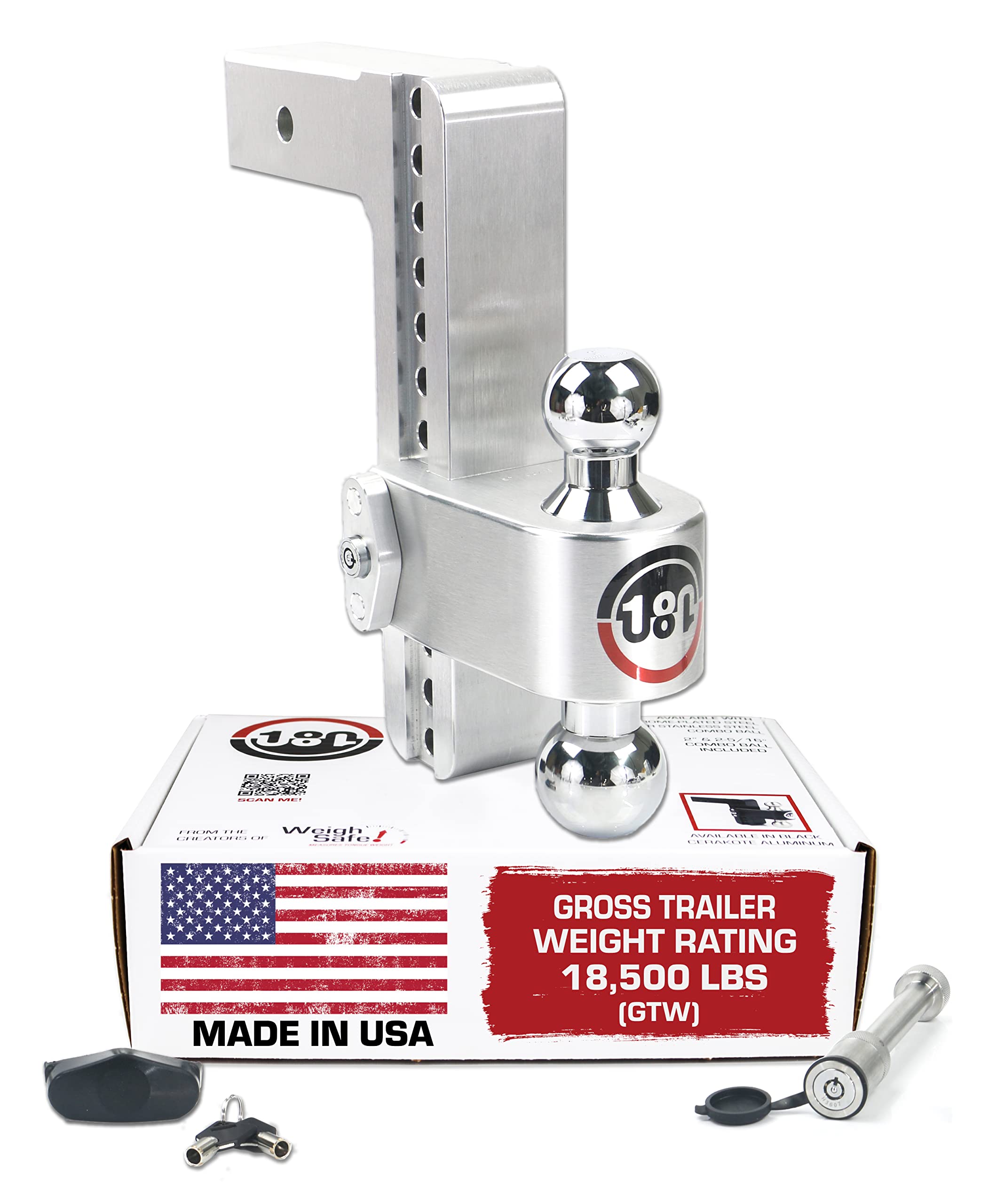 Weigh Safe Adjustable Trailer Hitch Ball Mount, 10 Adjustable Drop Hitch For 2.5 Receiver W/ 2 Pc Keyed Alike Lock Set, Heavy Duty Aluminum Trailer Tow Hitch W/Chrome Plated Tow Balls, 18,500 Gtw
