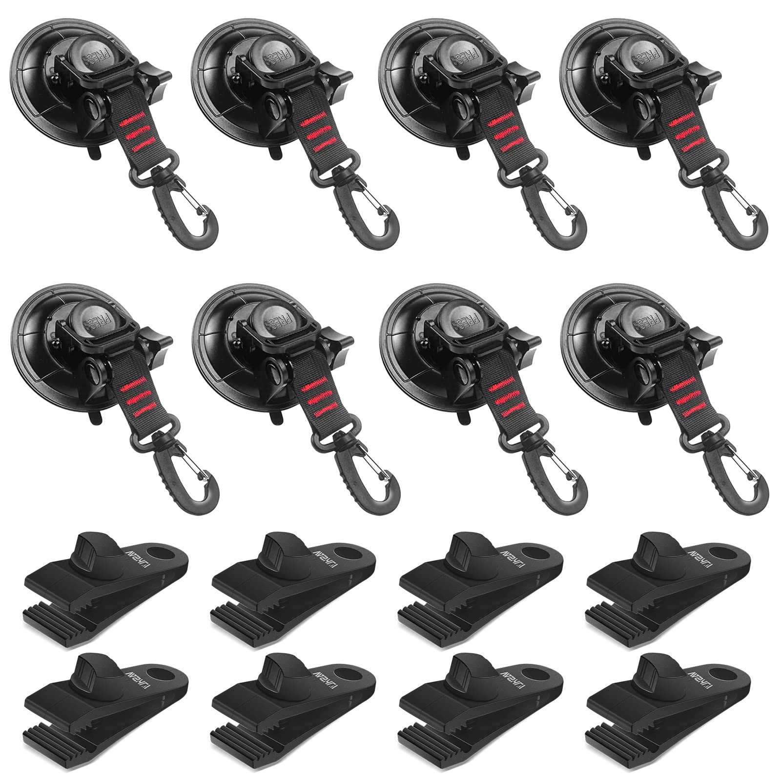 Vashly Heavy Duty Suction Cup 8Pcs Strong Suction Cups With Hooks And 8Pcs Tarp Clips Deavy Duty Lock Grip For Car Awning Boat Camping Trap Tie Down