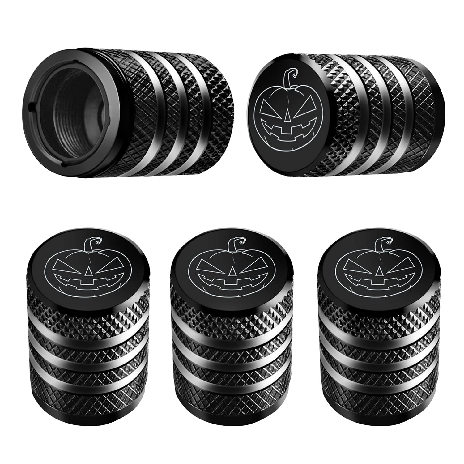 Tire Valve Stem Cap Cover - (5 Pack) Tire Air Cap Metal With Plastic Liner Corrosion Resistant Leak-Proof Halloween Pumpkin Car Decoration Accessories Black