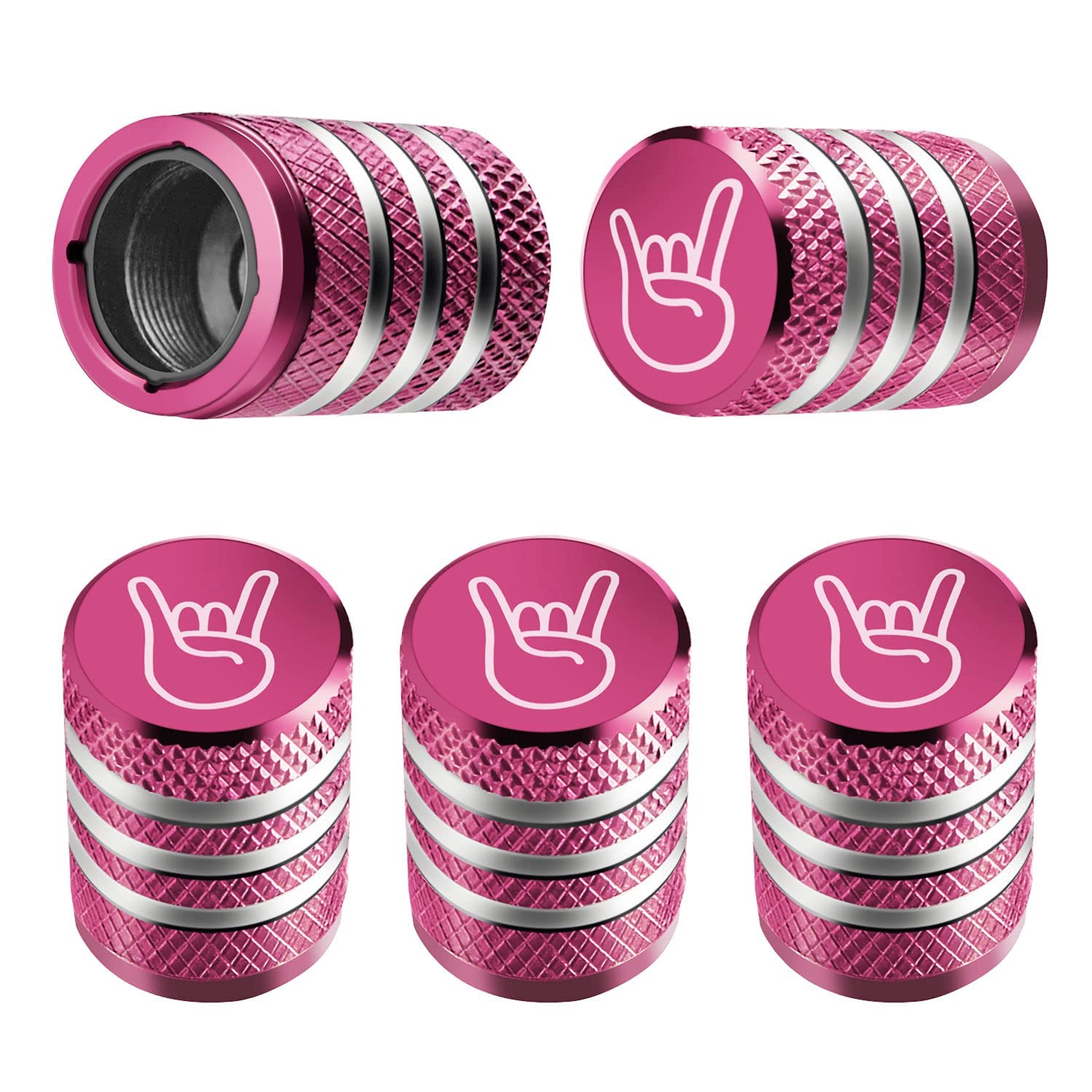 Tire Valve Stem Cap Cover - (5 Pack) Tire Air Cap Metal With Plastic Liner Corrosion Resistant Leak-Proof Rock And Roll For Car Truck Motorcycle Bike Pink