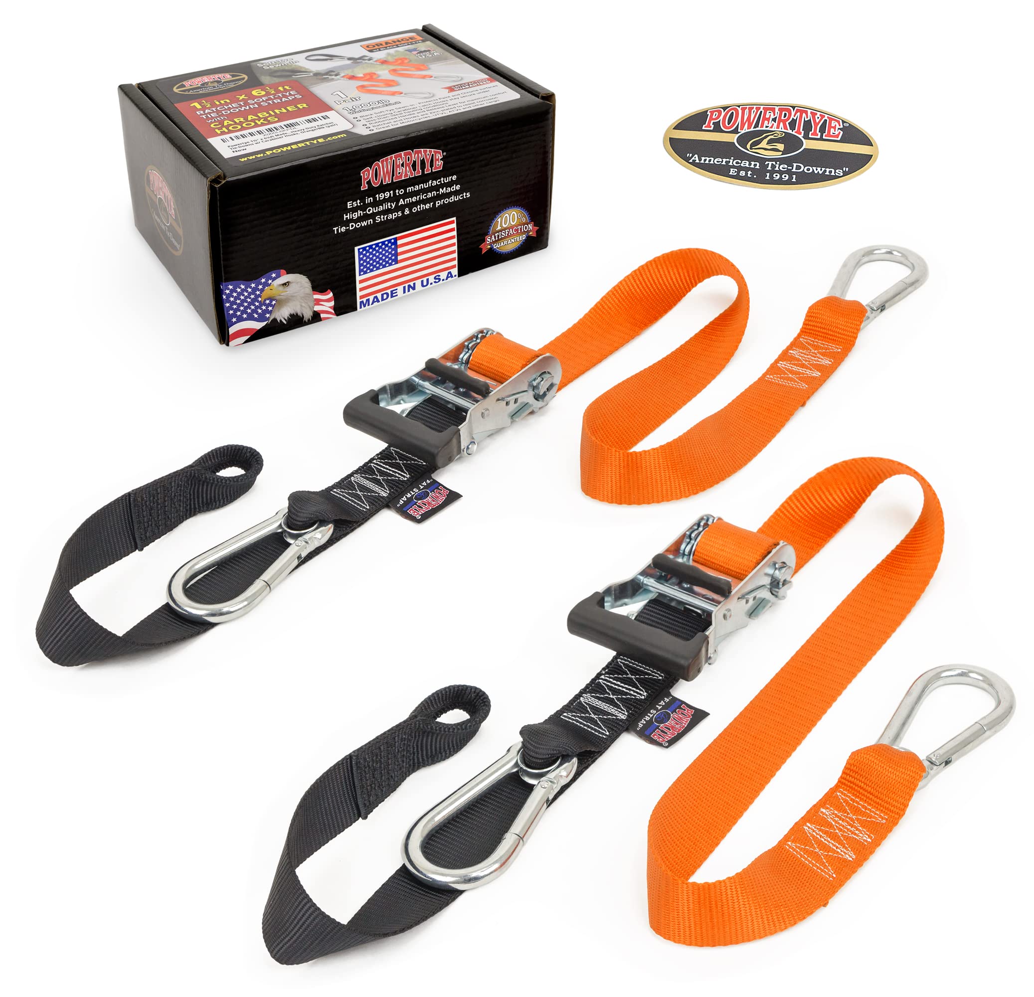Powertye 1.5In X 6.5Ft Heavy Duty Ratchet Tie-Down Straps With Soft-Tye And Carabiner Hooks - 1,000 Lb Working Load Limit / 3,000 Lb Breaking Strength - Made In Usa - Orange/Black Pair