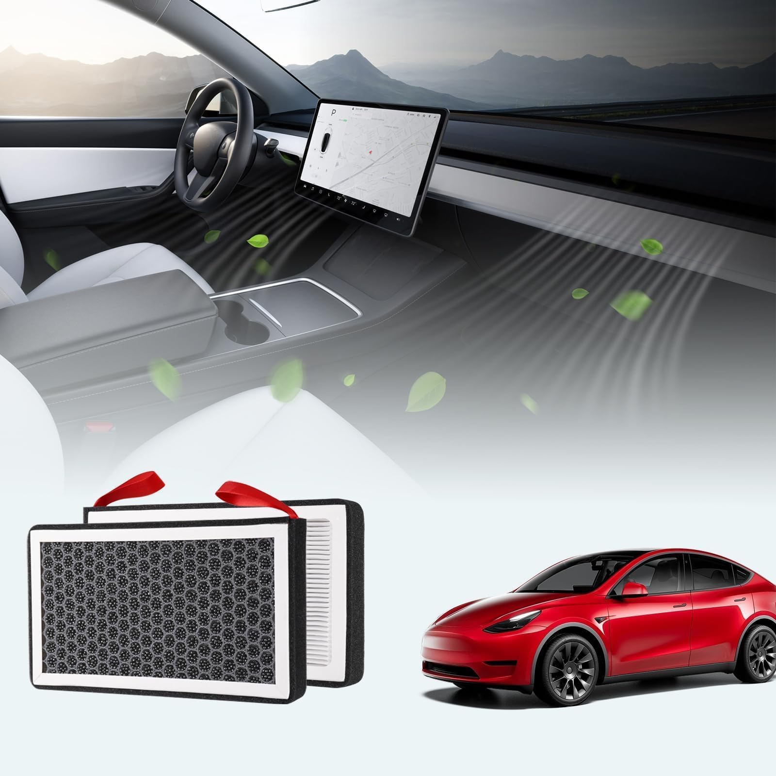 Basenor Upgraded Tesla Model 3 Model Y Cabin Air Filter Hepa Replacement Filter Activated Carbon Tesla Accessories Set Of 2 Fit For 2017-2025 Model 3 & 2020-2025 Model Y Refresh (Juniper)