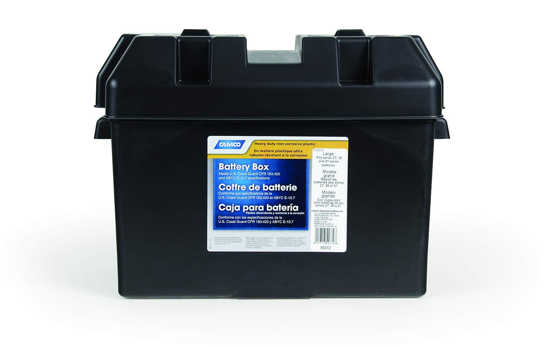Camco Large Battery Box With Straps And Hardware - Group 27, 30, 31 |Safely Stores Rv, Automotive, And Marine Batteries | Measures Inside 7-1/4 X 13-1/4 X 8-5/8 | (55373), Black