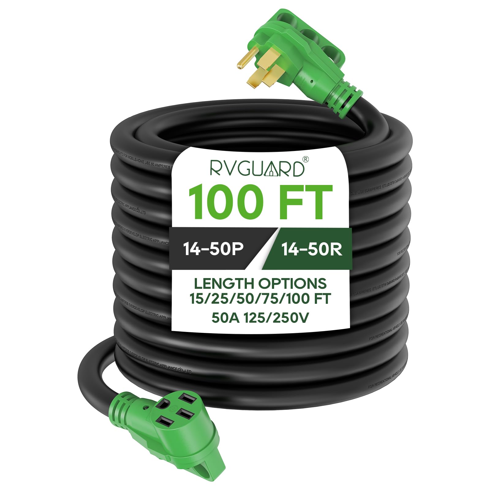 Rvguard 50 Amp 100 Foot Rv/Ev Extension Cord, Nema 14-50P/R Heavy Duty Extension Cord With Led Power Indicator And Cord Organizer, Green, Etl Listed
