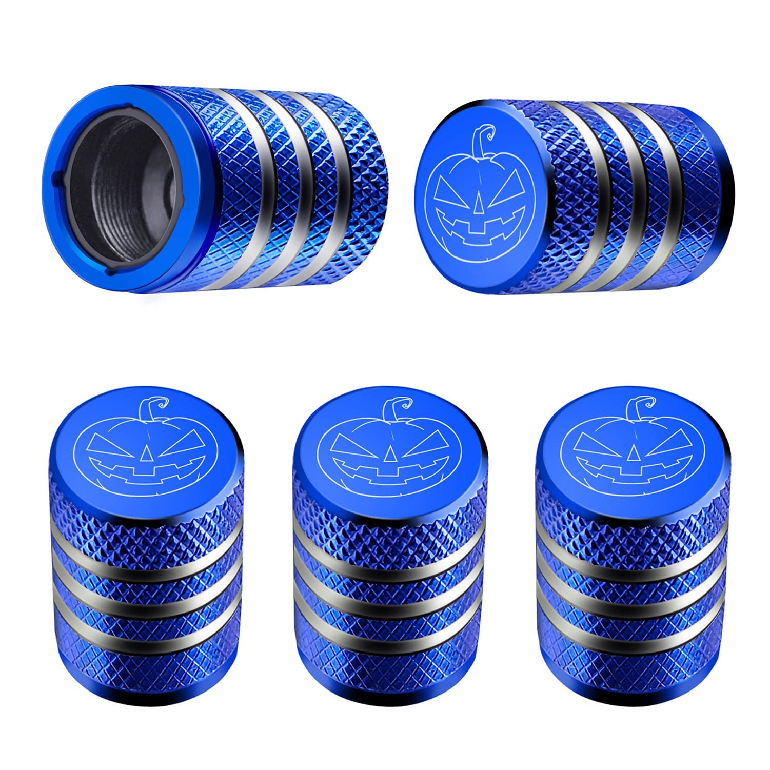 Tire Valve Stem Cap Cover - (5 Pack) Tire Air Cap Metal With Plastic Liner Corrosion Resistant Leak-Proof Halloween Pumpkin Car Decoration Accessories Blue