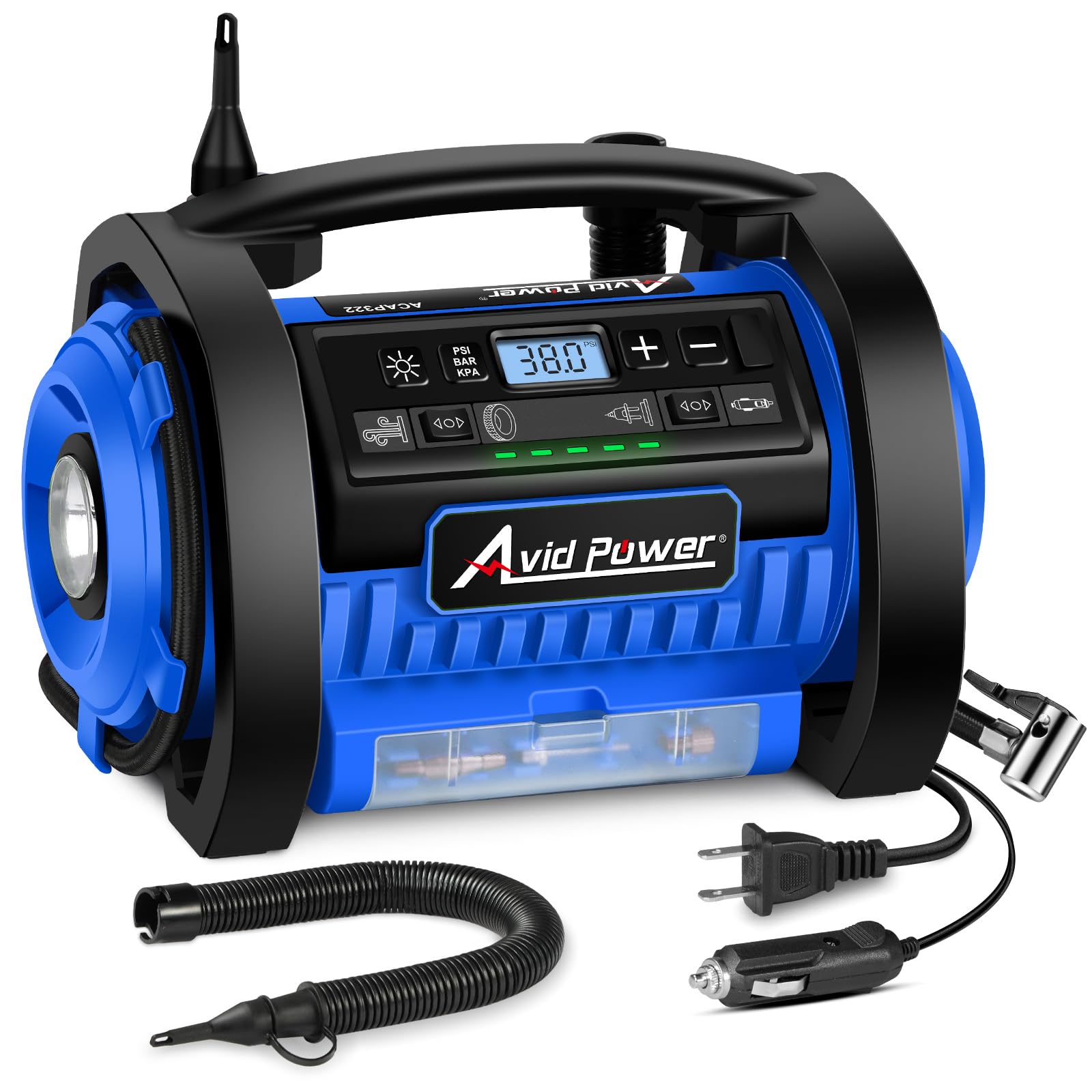 Avid Power Tire Inflator Portable Air Compressor, 12V Dc / 120V Ac Car Tire Pump, Air Mattress Pump With Inflation And Deflation Modes, Dual Powerful Motors, Digital Pressure Gauge