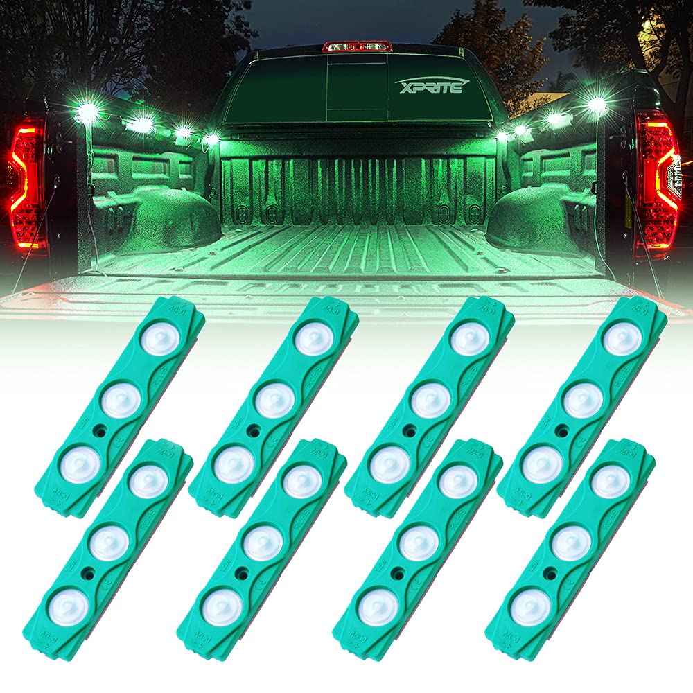 Xprite Green Led Truck Bed Light Kits With On/Off Switch, For Pickup Exterior Interior Lights Strips, Footwells, Running Boards, Cargo, Under Car, Tonneau Cover, Rail Rock Lighting - 8 Pcs