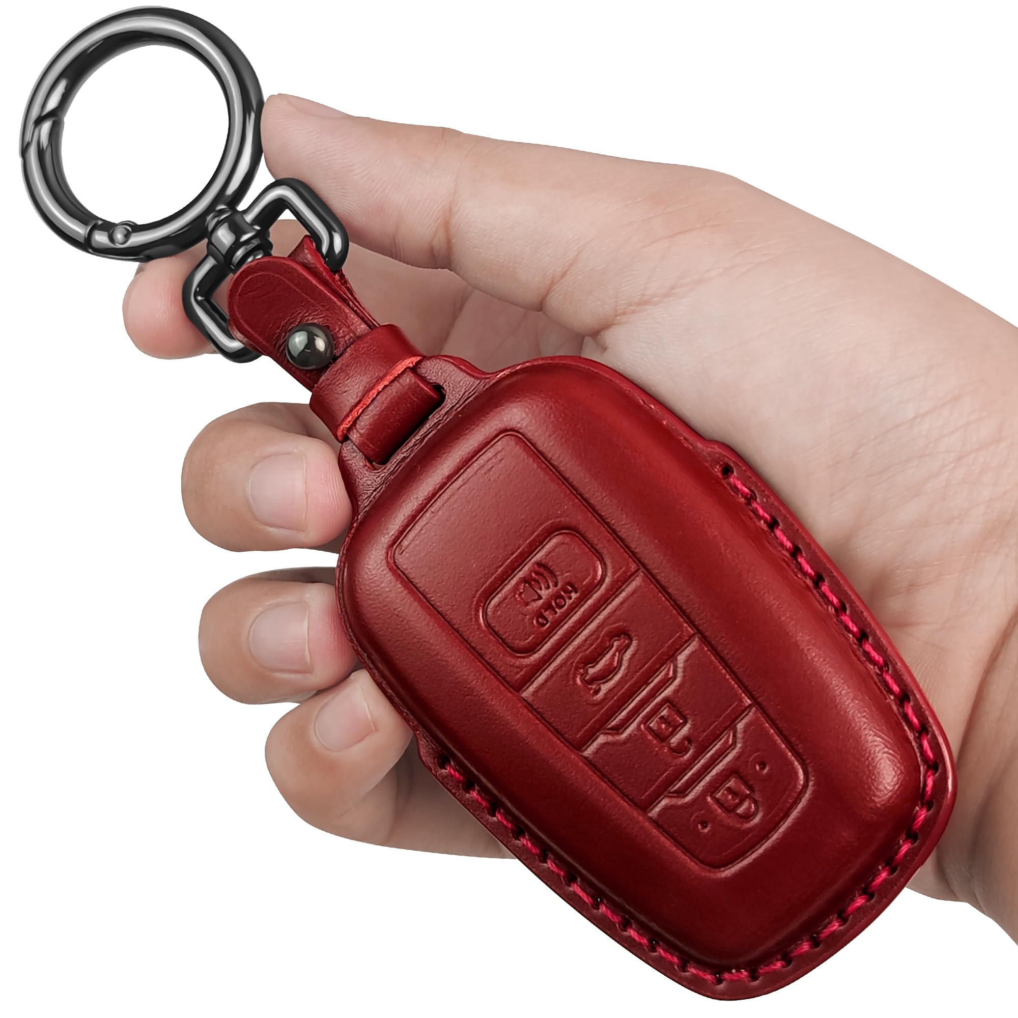 Tukellen For Toyota Key Fob Cover Genuine Leather With Keychain,Leather Key Case Protector Compatible With 2020-2022 Highlander Corolla Prius 2018-2024 Rav4 Camry Avalon C-Hr Gt86 -Red
