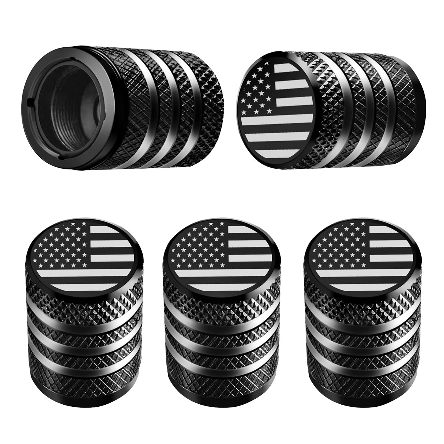 Tire Valve Stem Cap Cover - (5 Pack) Tire Air Cap Metal With Plastic Liner Corrosion Resistant Leak-Proof American Flag For Car Truck Motorcycle Bike Black