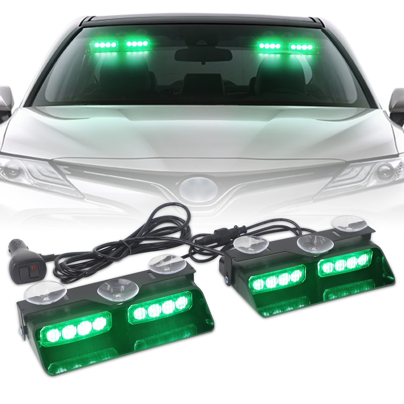 Xridonsen 2 In 1 Green Emergency Dash Strobe Lights Interior Windshield Warning Safety Flashing Lights Law Enforcement W/Suction Cups For Volunteer Police Vehicles, Trucks (2×7.16 Inch, 16 Led)
