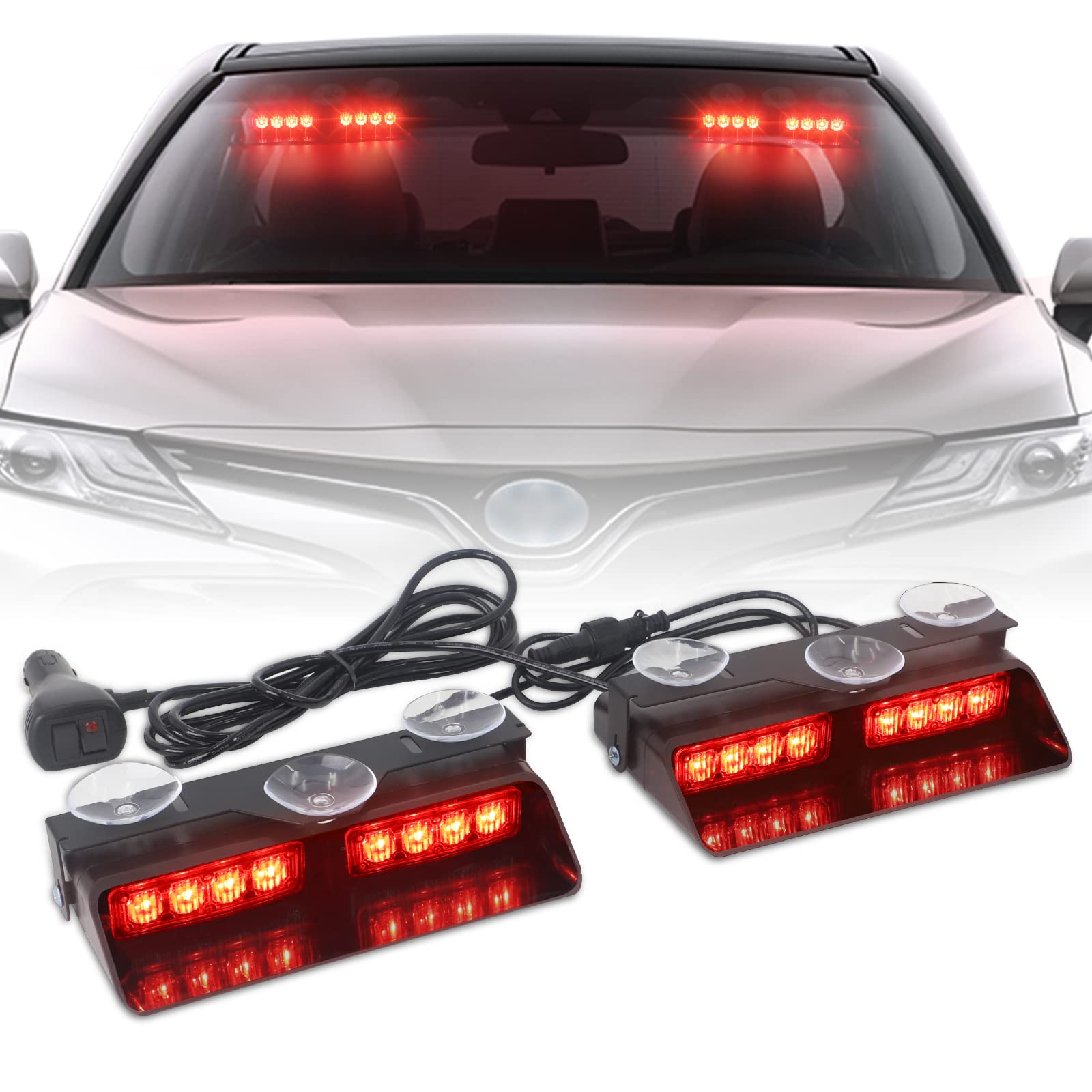 Xridonsen Red 2 In 1 Dash Emergency Strobe Lights Warning Safety Flashing Lights Interior Windshield W/Suction Cups For Ambulance Firefighter Volunteer Vehicles Trucks (2×7.16 Inch, 16 Led)