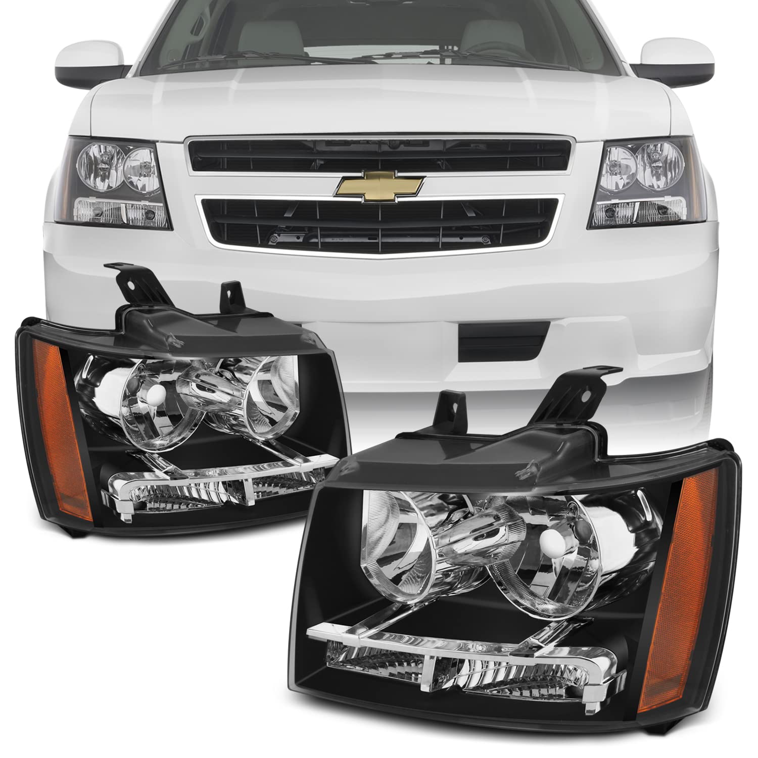 Akkon - For Black Bezel 07-13 Suburban Tahoe Avalanche Headlights Front Lamps Direct Replacement Left + Right, Low Beam: H11, High Beam: 9005, Car Vehicle Light Assembly, Black Housing