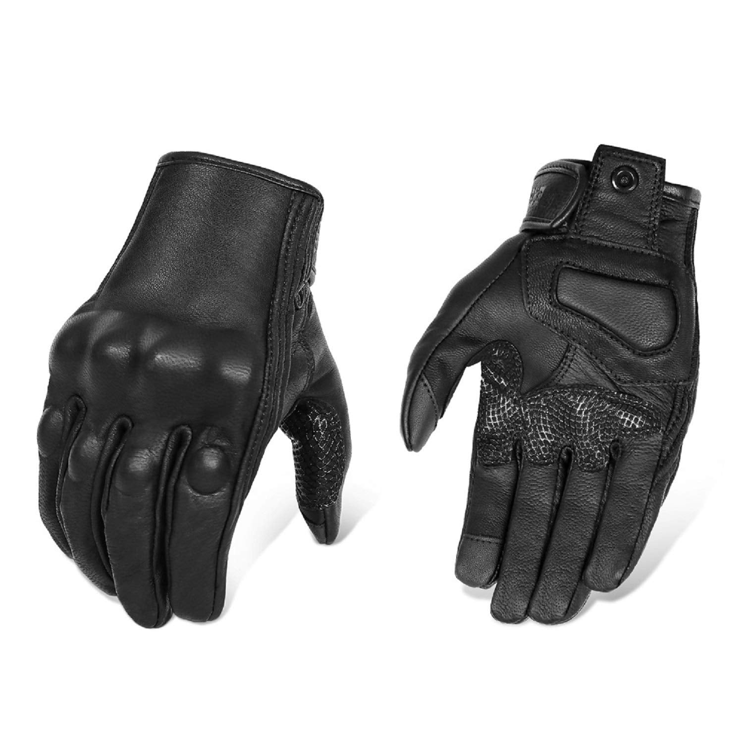 Updated Full Finger Leather Motorcycle Gloves Phone Touch Goat Skin Black Motorbike Riding Gloves (Updated,Non-Perforated, L)