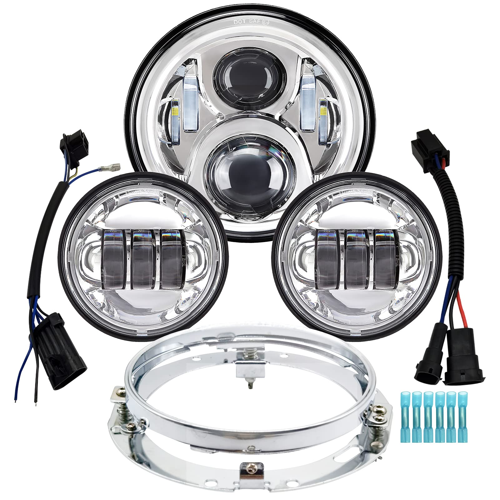 Alyoned 7 Inch Motorcycle Led Headlight 4.5 Fog Passing Lights Dot Kit Compatible With Harley Davidson Fat Boy Street Glide Heritage Softail Road King Switchback Electra Glide Ultra Classic Chrome