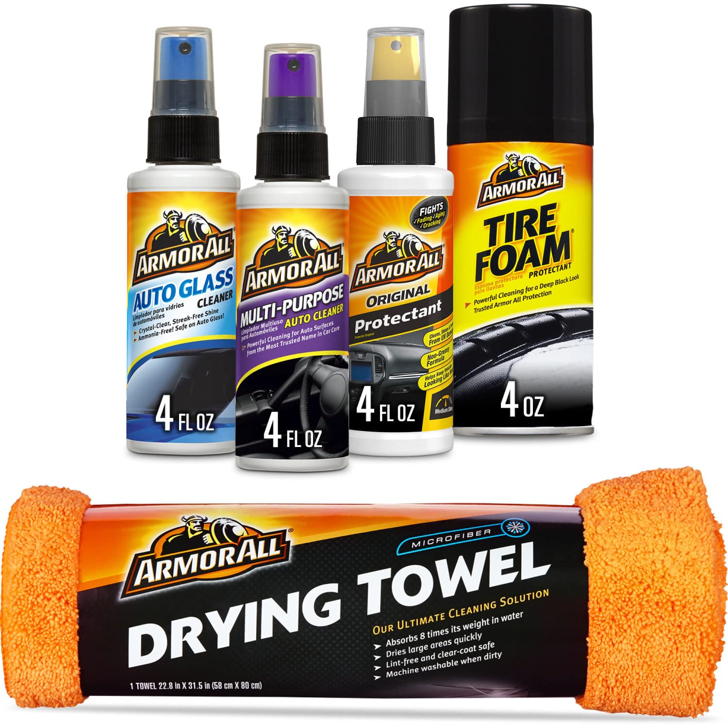 Armor All Car Wash And Car Interior Cleaner Kit, Includes Towel, Tire Foam, Glass Spray, Protectant Spray And Cleaning Spray, Multicolor, 5 Count (Pack Of 1)