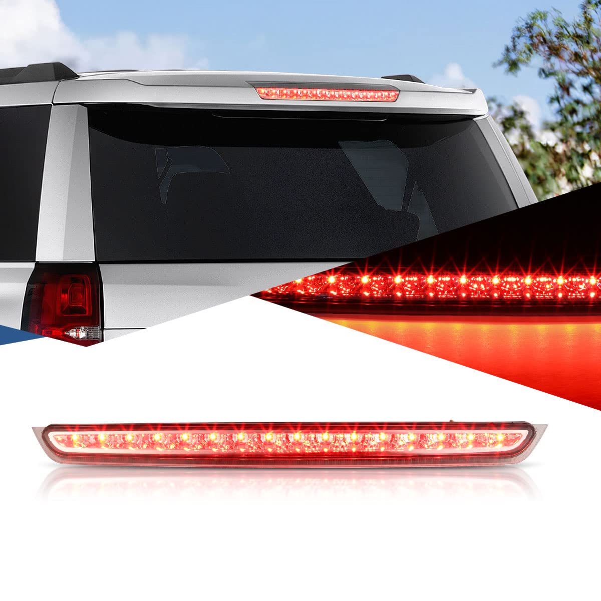 Auto Dynasty Full Led High Mount 3Rd Third Tail Brake Light Stop Lamp Compatible With Chevy Suburban 1500 2500 Tahoe Gmc Yukon Xl 1500 2500 2007-2014, Chrome Housing, Clear Lens