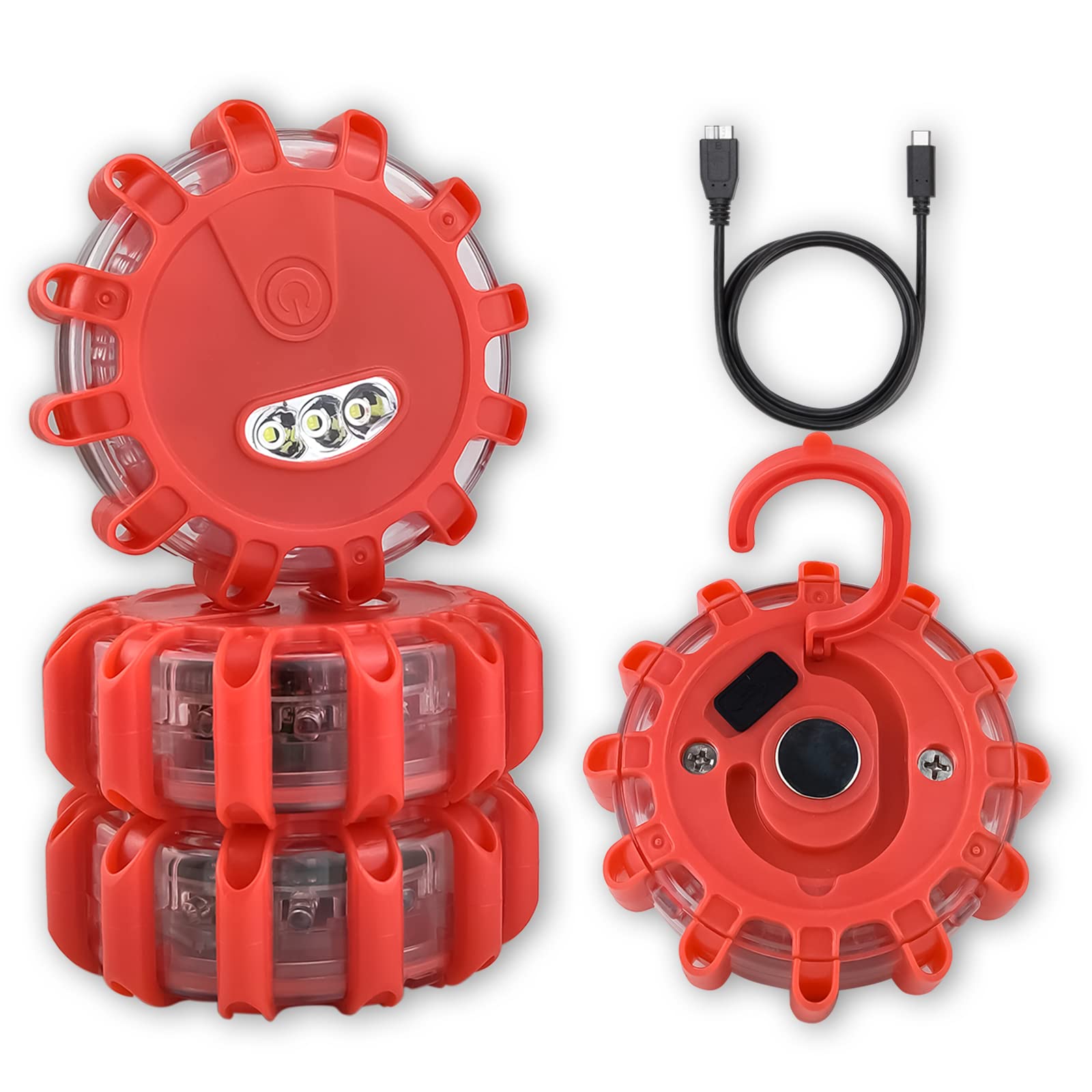 Teahoor 4 Pack Rechargeable Led Road Flares Roadside Emergency Car Kit, Emergency Lights For Vehicles With Magnetic Base & Hook, 3 In 1 Usb Cable Included