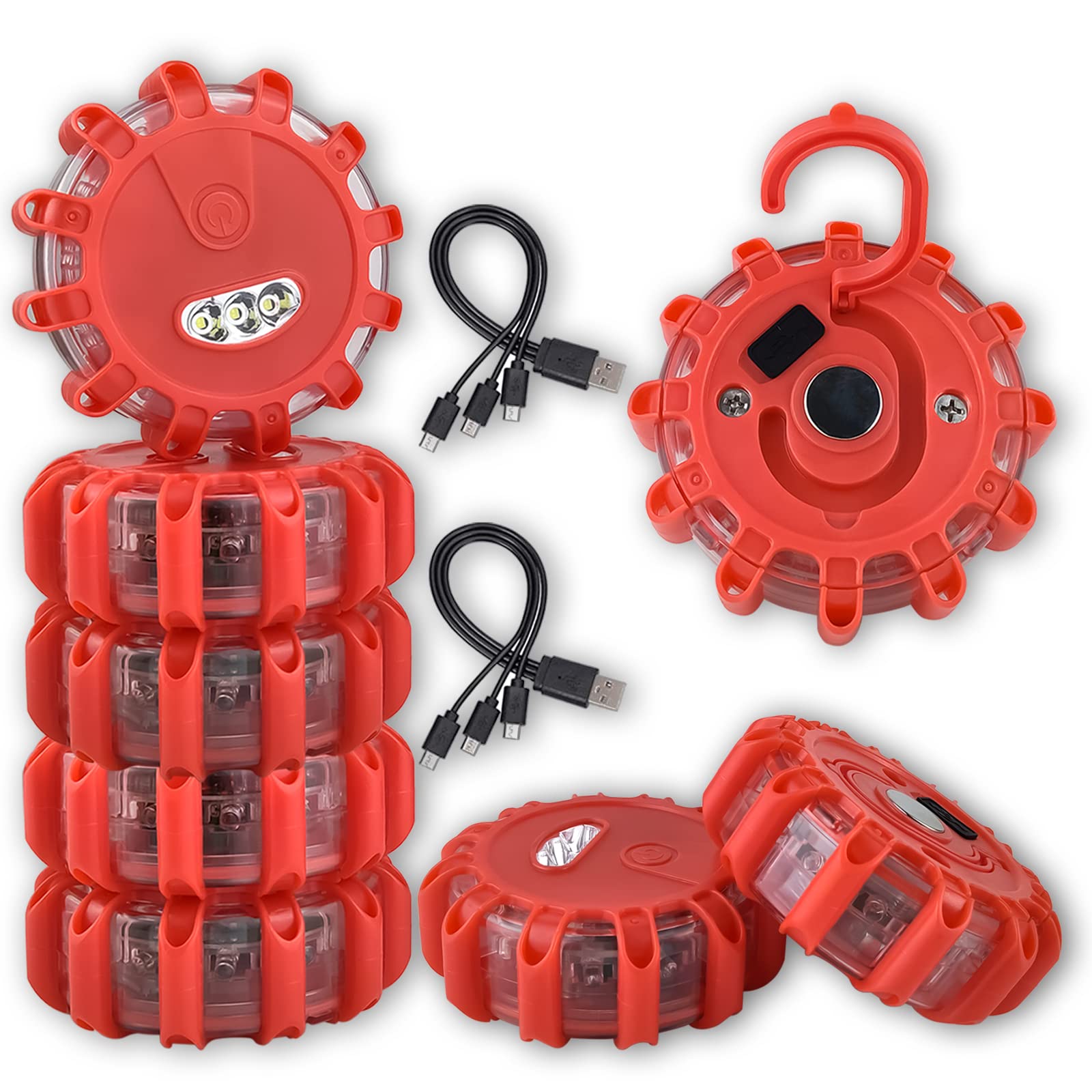 Teahoor 8 Pack Rechargeable Led Road Flares Roadside Emergency Car Kit, Emergency Lights For Vehicles With Magnetic Base & Hook, 3 In 1 Usb Cable Included