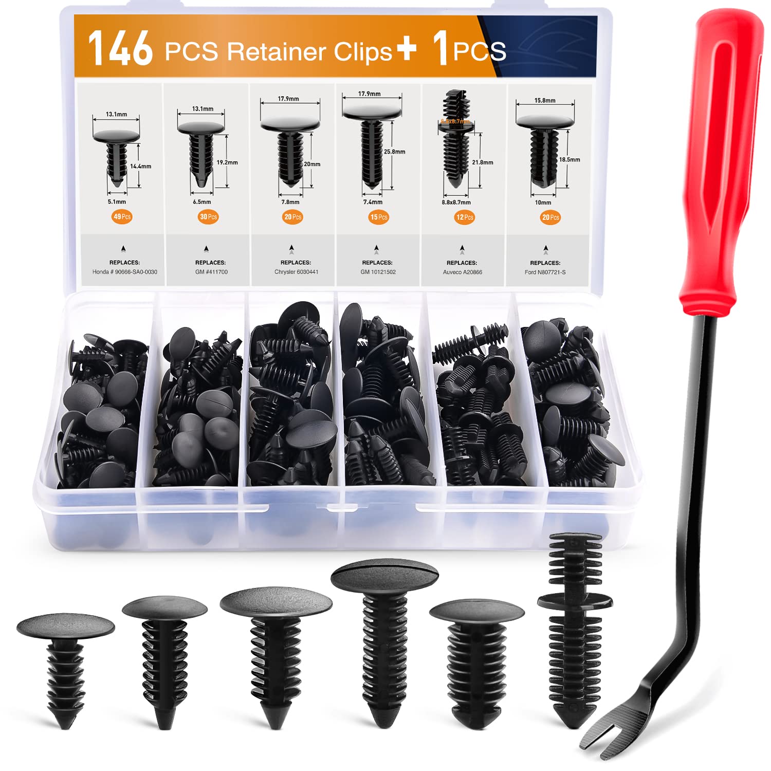 Gooacc - Grc-88 146Pcs Nylon Bumper Shield Retainer & Double End Xmas Tree Retainers Clips Universal Auto Body Shield Retainer Fastener Clip Assortment- Bonus Fastener Remover