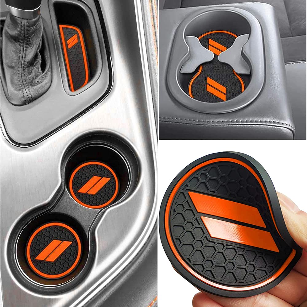 Auprite Non-Slip Anti Dust Mats For Dodge Challenger Accessories 2015-2022, Custom Cup Holder Liners Mats Door Pocket Center Console Liners (Orange/11Pcs)