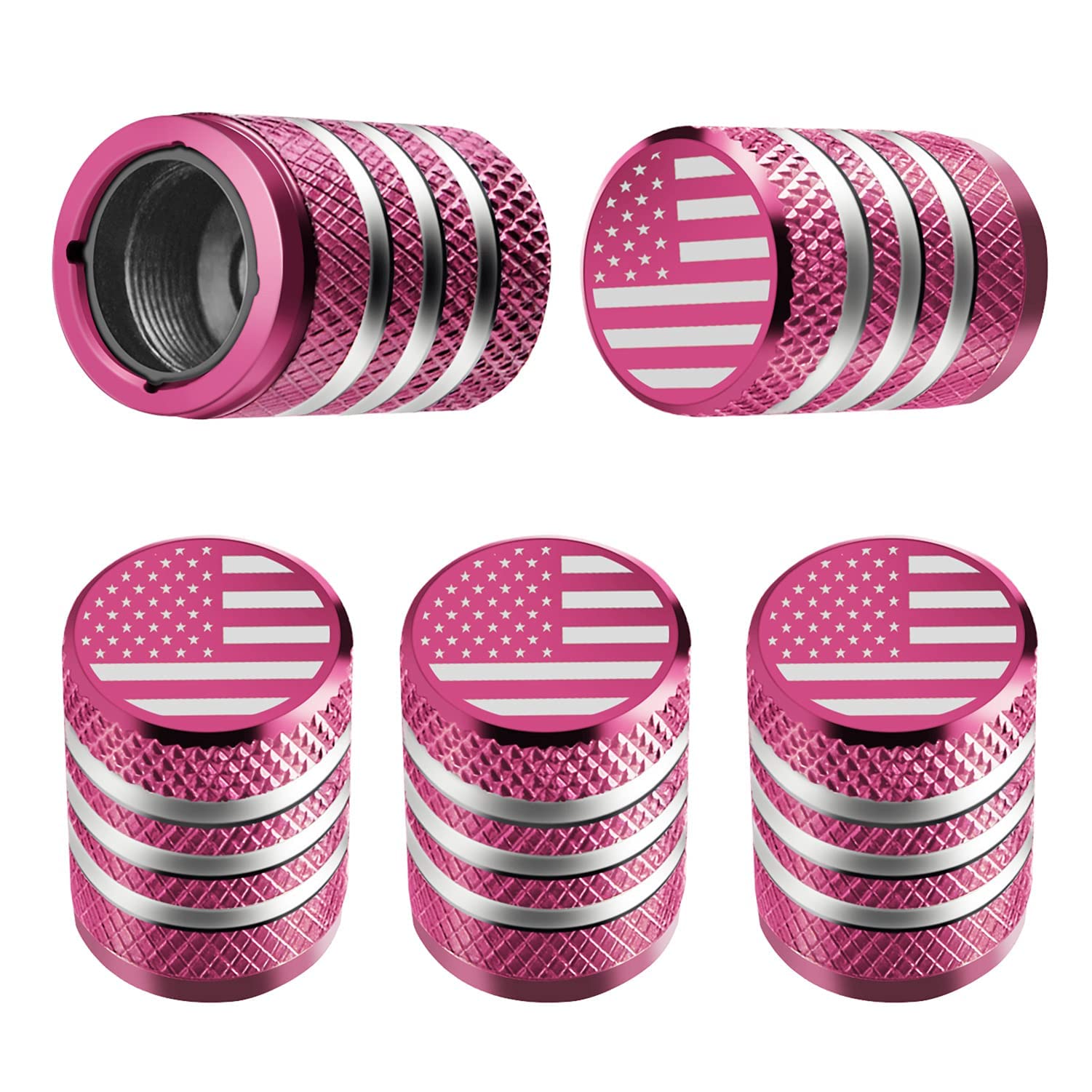 Tire Valve Stem Cap Cover - (5 Pack) Tire Air Cap Metal With Plastic Liner Corrosion Resistant Leak-Proof American Flag For Car Truck Motorcycle Bike Pink