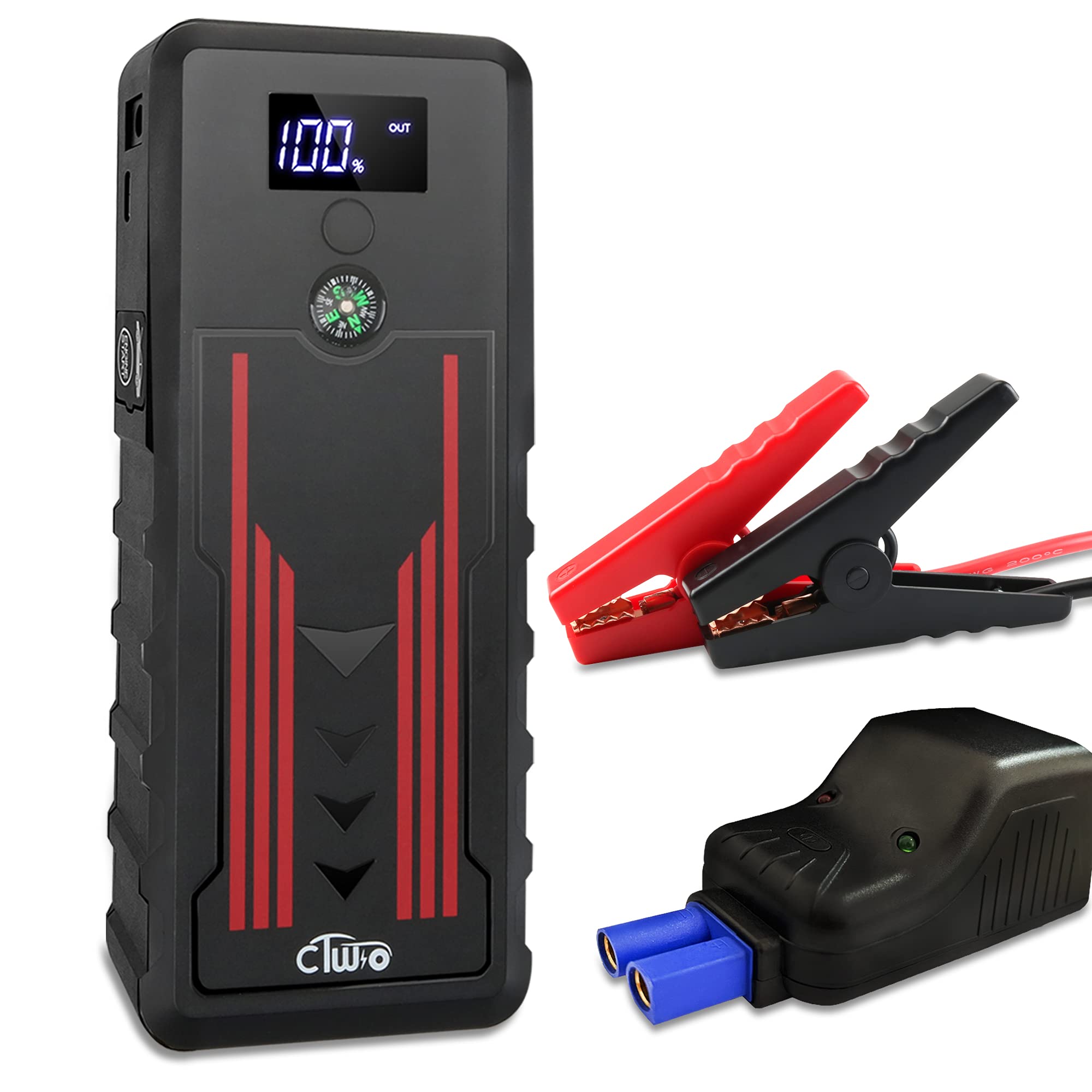 Battery Jump Starter For Car, Ctwjo 12V 800A Portable Jump Starter Booster With Usb-C Smart Port, Compass, Lcd Screen, Led Light, Travel Case (Up To 7.2L Gasoline 5.5L Diesel Engines)