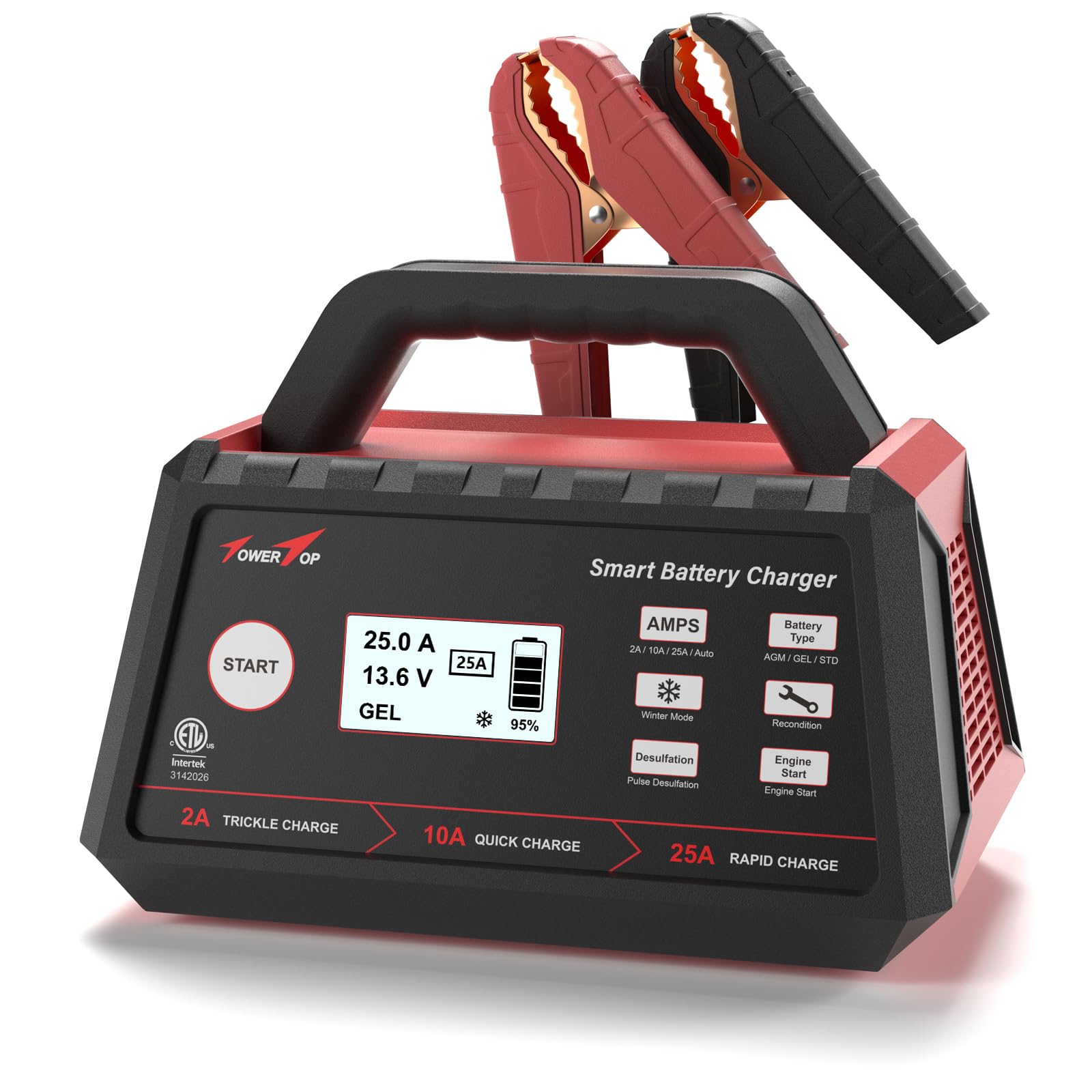 Towertop 2/10/25 Amp 12V Smart Car Battery Charger, Fully Automatic Battery Maintainer With Engine Start, Auto Desulfator, Battery Repair, Winter Mode, For Agm, Std, Gel, Deep Cycle Batteries