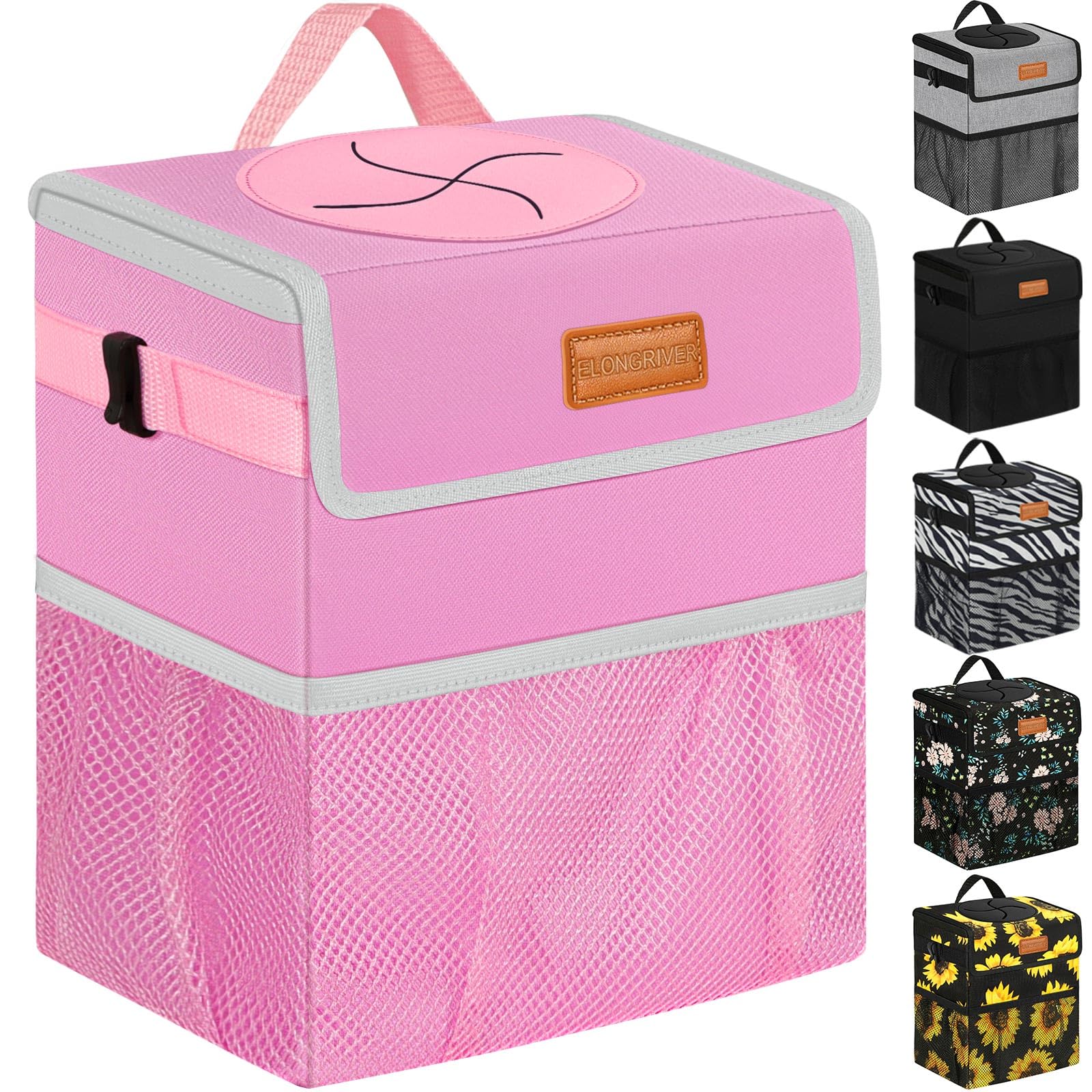 Elongriver Car Trash Can For Suvs, Trucks, Vans - Pink, 2 Gallons Capacity, Leak-Proof Liner, Utility Clasps, Cute Design