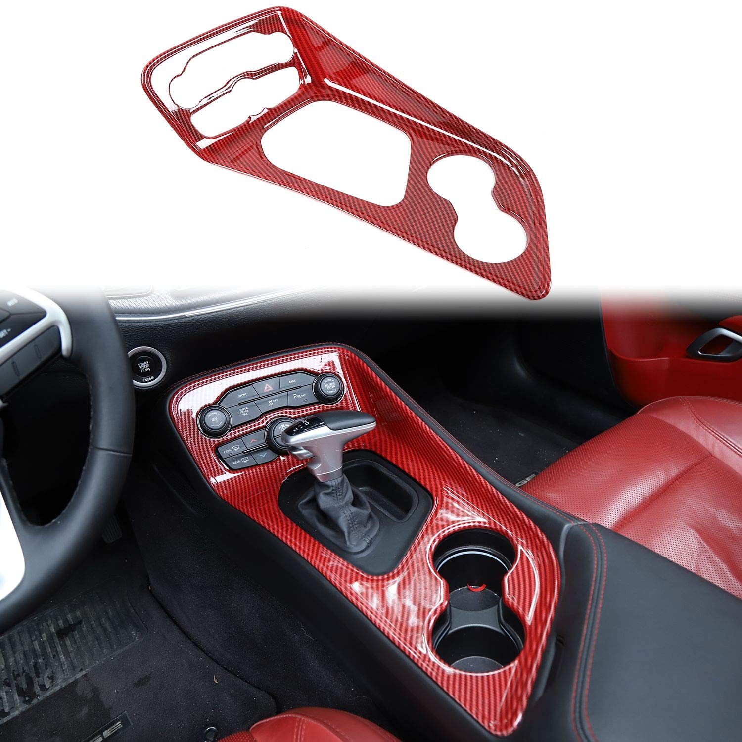 Voodonala Gear Shift Shifter Panel Shift Lever Panel Transmission Gear Selector Gearstick Panel Cover Trim Fit For 2015-2024 Dodge Challenger Interior Accessories Abs Red/Carbon Fiber