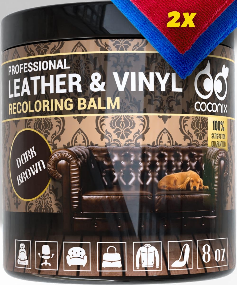 COCONIX Leather Recoloring Balm Dark Brown - Restore & Repair Aged Leather & Vinyl Couches, Seats, Furniture - 8 oz