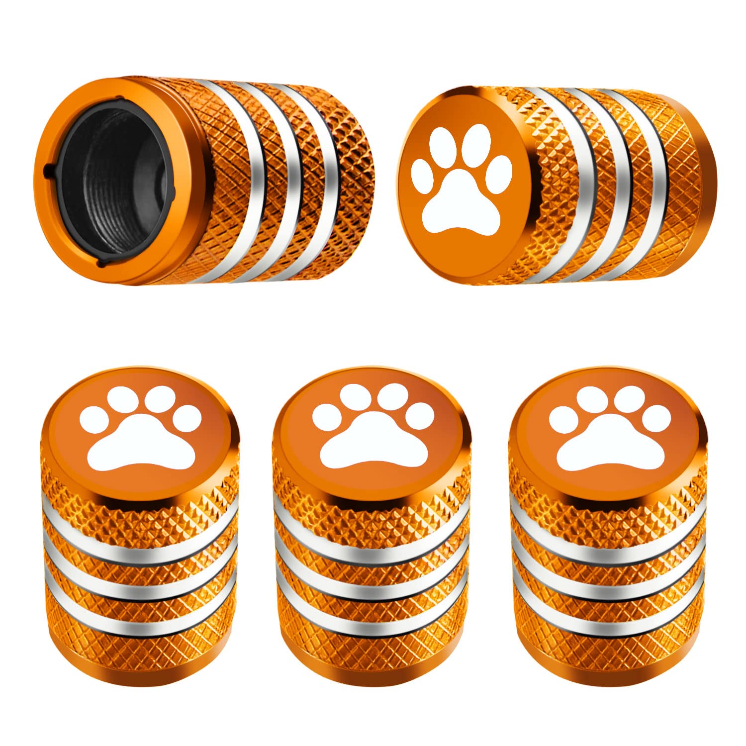 Tire Valve Stem Caps - (5 Pack) Tire Air Caps Metal With Plastic Liner Corrosion Resistant Leak-Proof Cat/Dog Paw For Car Truck Motorcycle Bike Orange