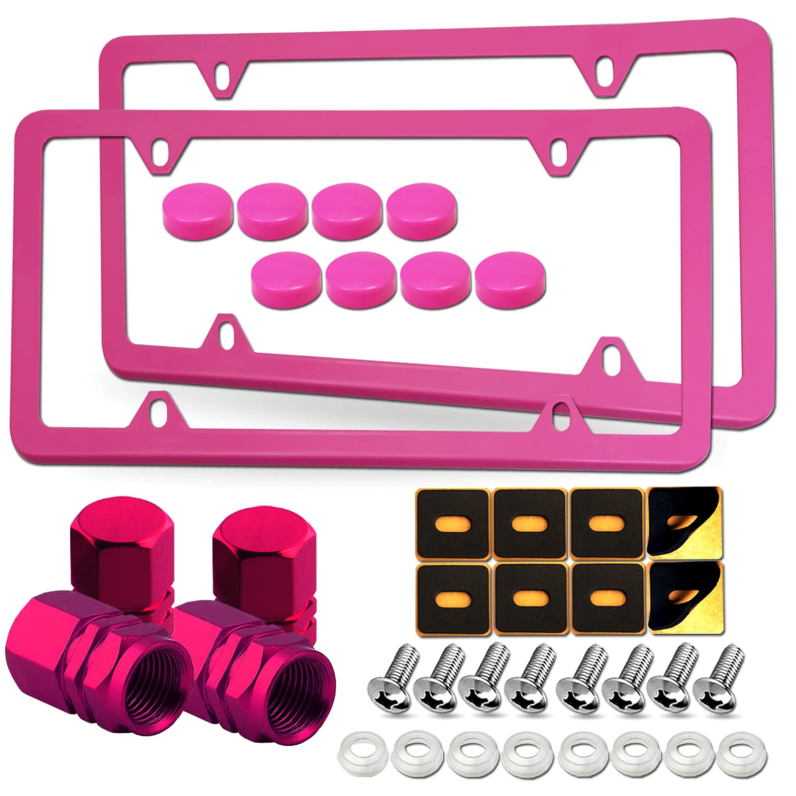 YoUoY Pink Aluminum License Plate Frames for Girls, 2 Pack Slim Holders with Stainless Steel Screws & Rattle Proof Pads