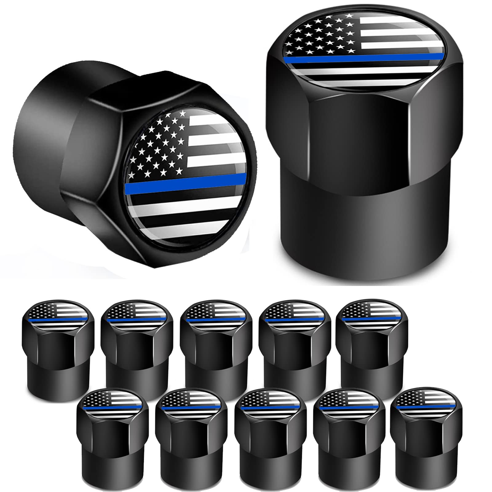 Dsycar 12 Pack Tire Stem Valve Caps Black, Thin Blue Line American Flag Hexagon Shape Design, Premium Metal Aluminum Rubber Seal Tire Valve Stem Caps ,Universal Fit (Mini - Black Blue Usa)