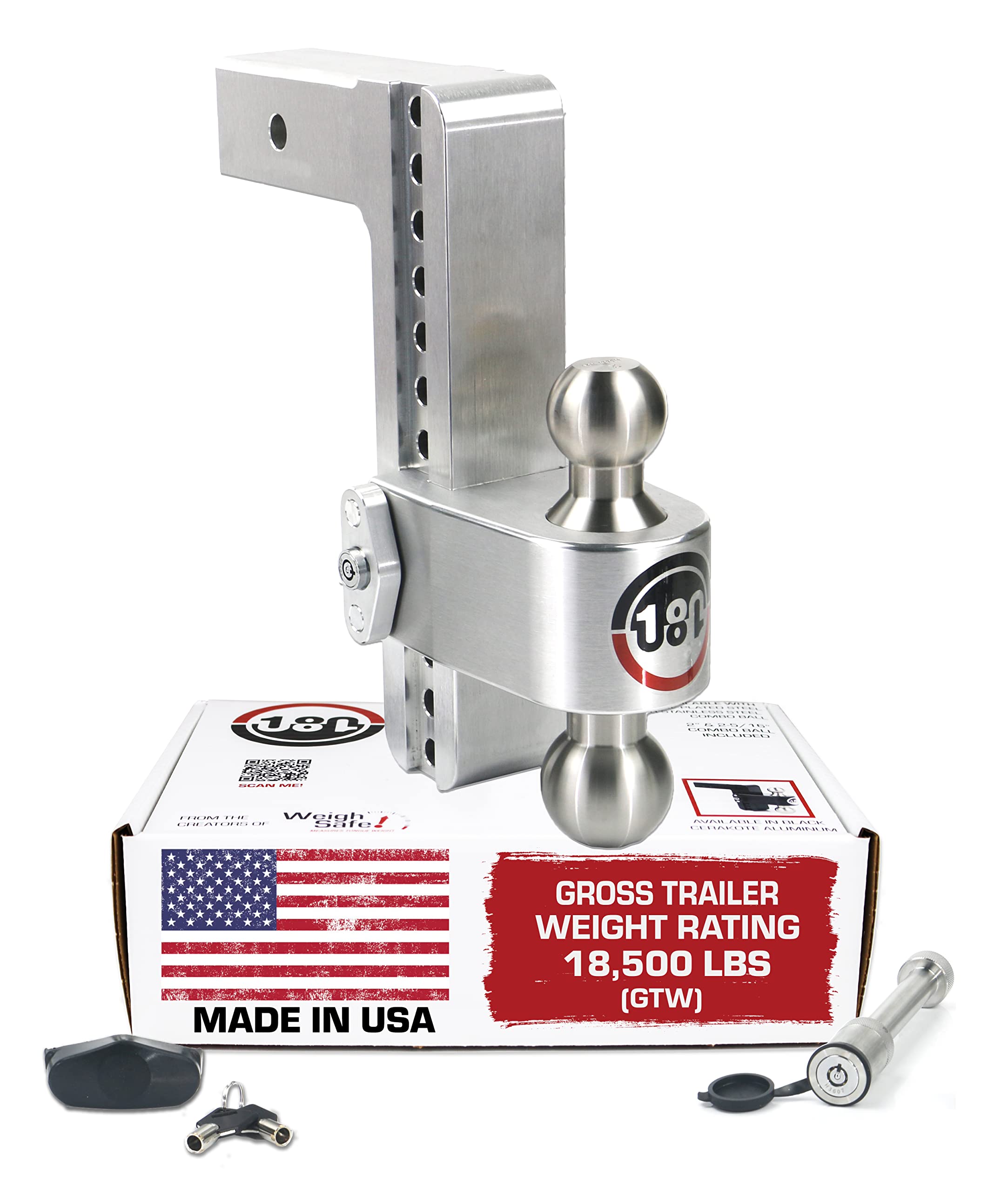 Weigh Safe Adjustable Trailer Hitch Ball Mount, 10 Adjustable Drop Hitch For 2.5 Receiver W/ 2 Pc Keyed Alike Lock Set, Heavy Duty Aluminum Trailer Tow Hitch W/ Stainless Steel Tow Balls, 18,500 Gtw