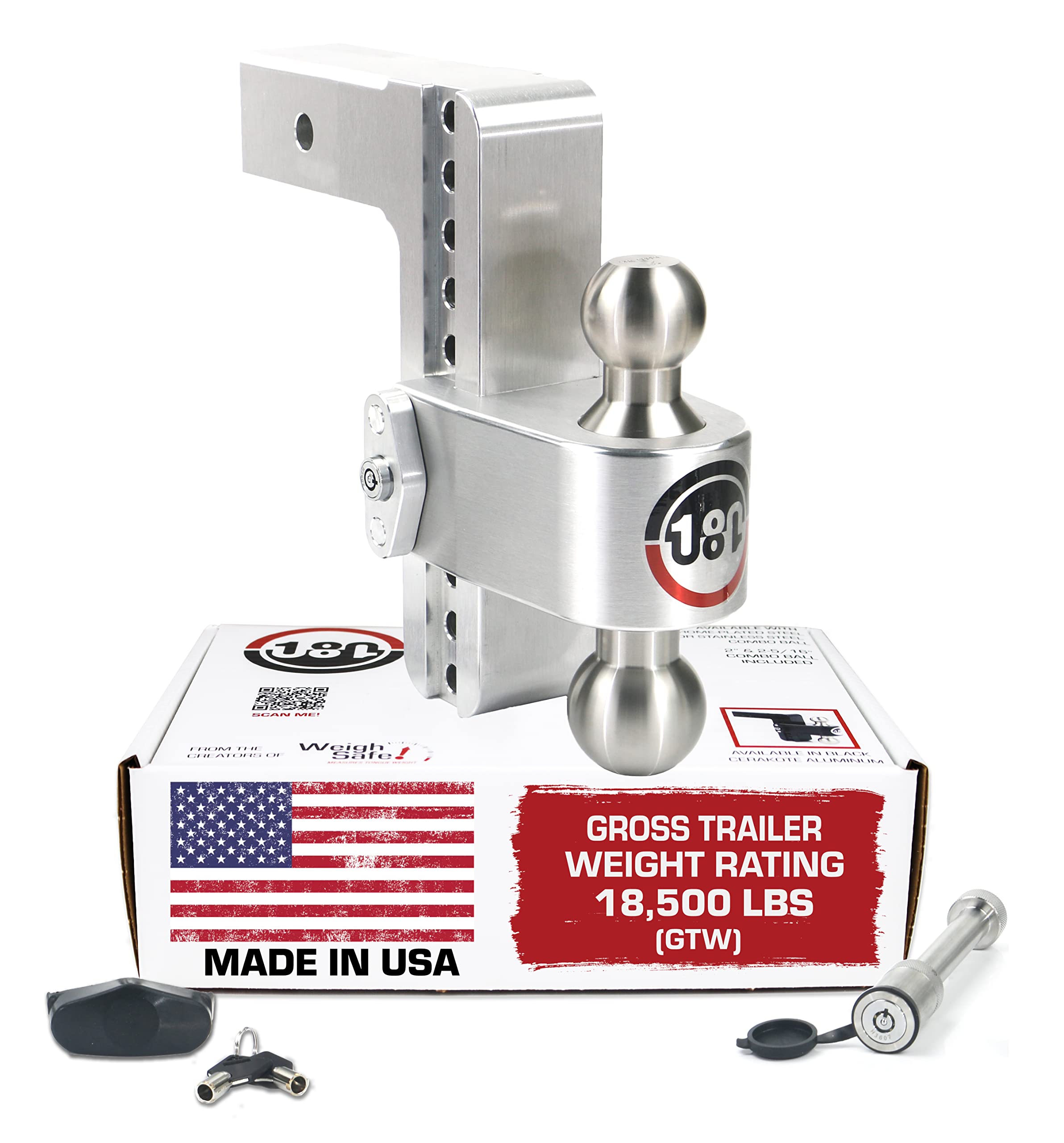 Weigh Safe Adjustable Trailer Hitch Ball Mount, 8 Adjustable Drop Hitch For 2.5 Receiver W/2 Pc Keyed Alike Lock Set, Heavy Duty Aluminum Trailer Tow Hitch W/Stainless Steel Tow Balls,18,500 Lbs Gtw