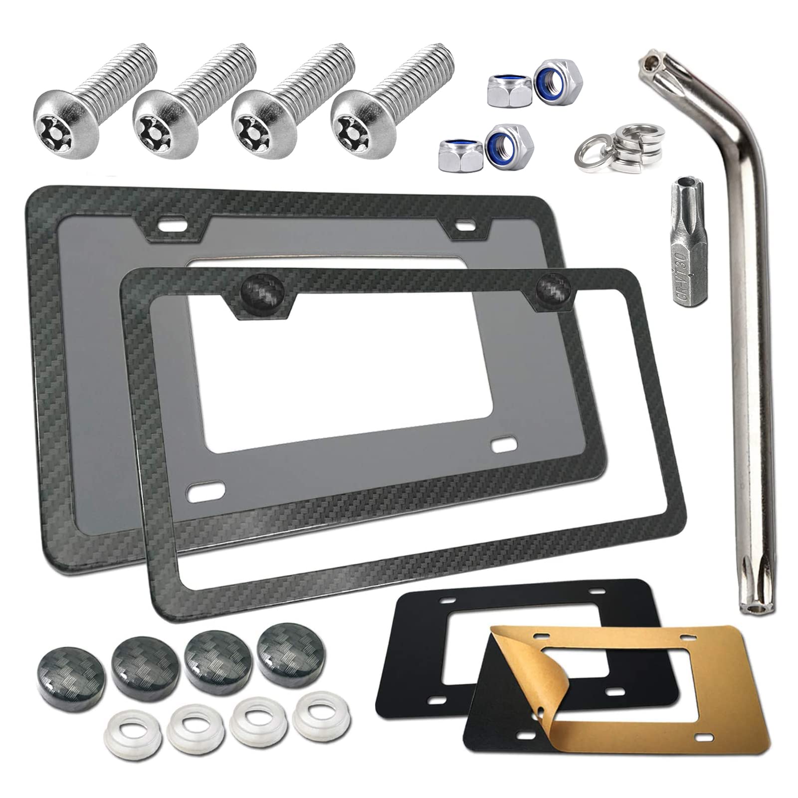 Bggtmo Anti Theft License Plate Frames -Carbon Fiber Patterns Metal Aluminum License Plate Holders, Stainless Steel License Plate Anti Theft Screws, Fit Us Car Front And Rear License Plate