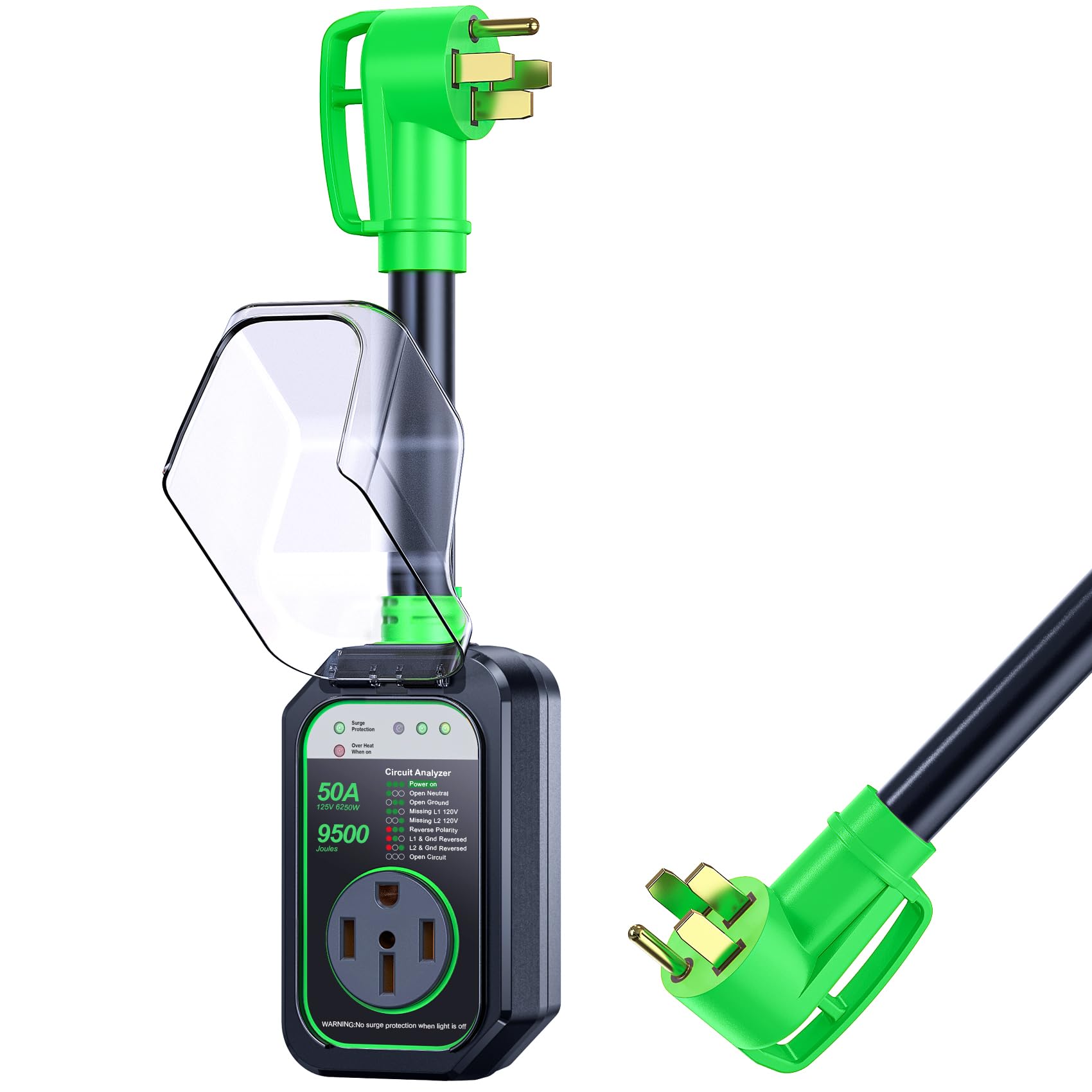 Geargo Rv Surge Protector 50 Amp Rv Circuit Analyzer, Full Protection(9500 Joules), Rv Adapter Plug For Camper (Green)