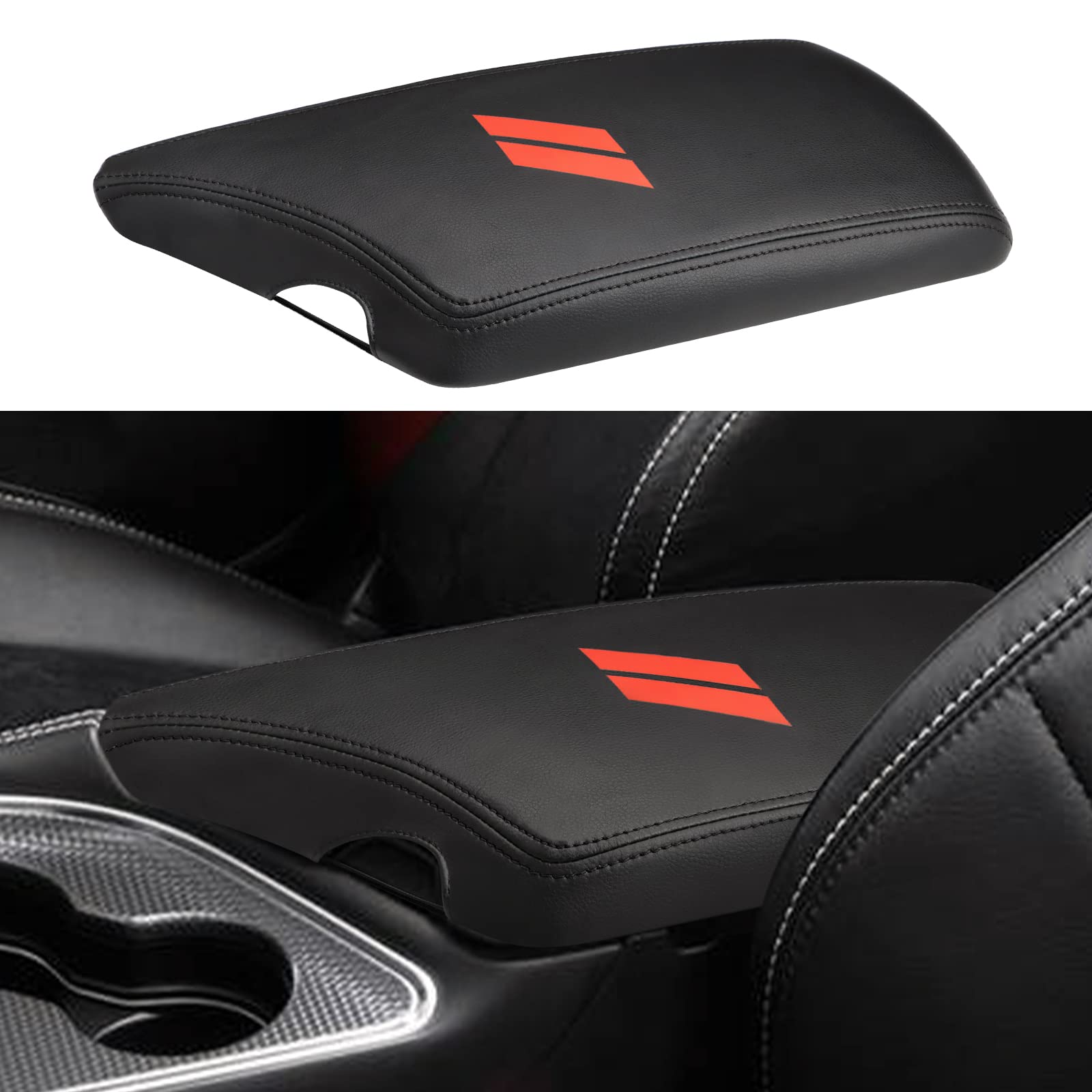 Intget Car Center Console Armrest Cover For Dodge Challenger Accessories 2023 2022 2021 2020 2019 2018 2017 2016 2015 Interior Arm Rest Seat Cover Middle Console Lid Protector Pad(Black Stitches)