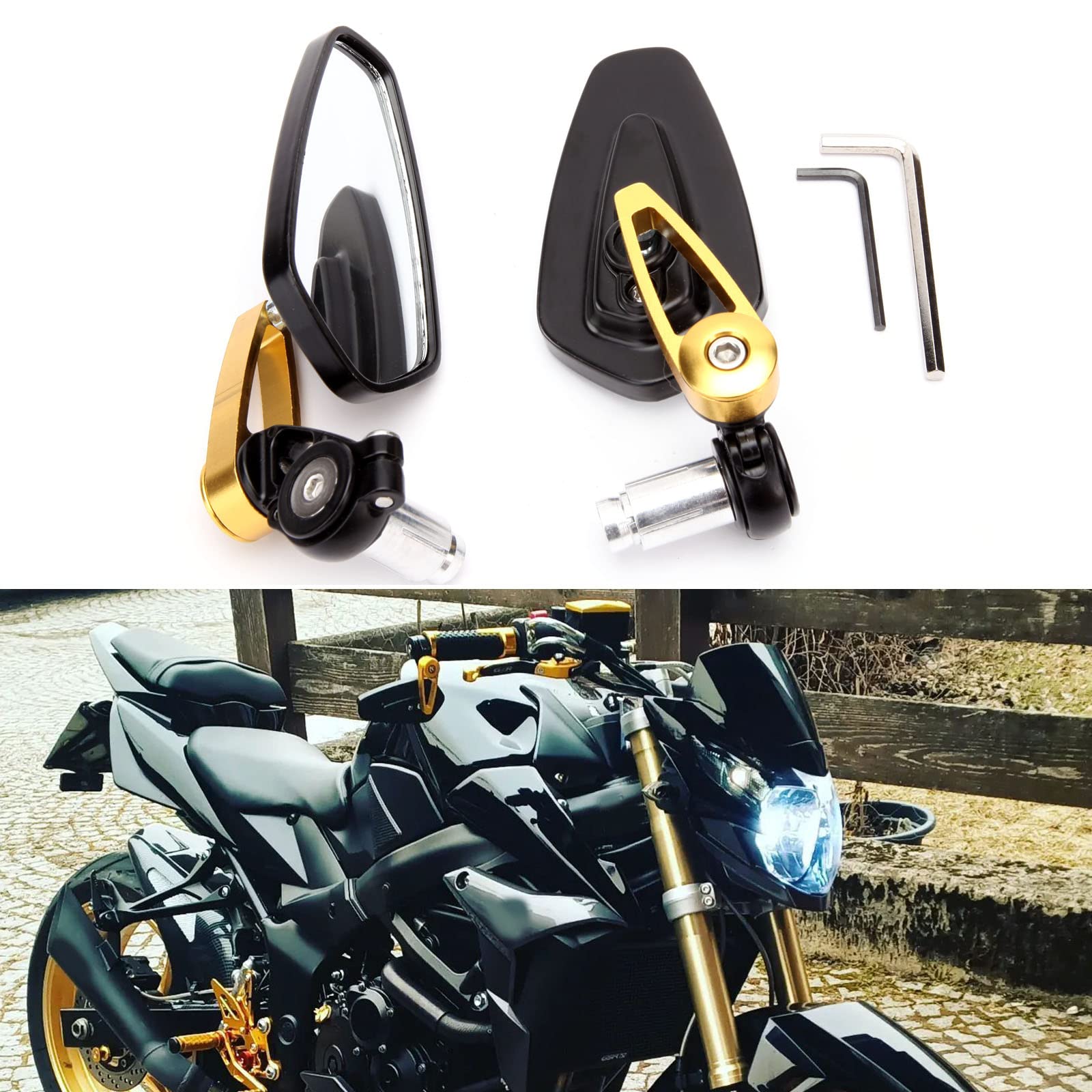 Universal Black Motorcycle Billet Aluminum 7/8 22 Bar End Side Rearview Mirrors (Gold)