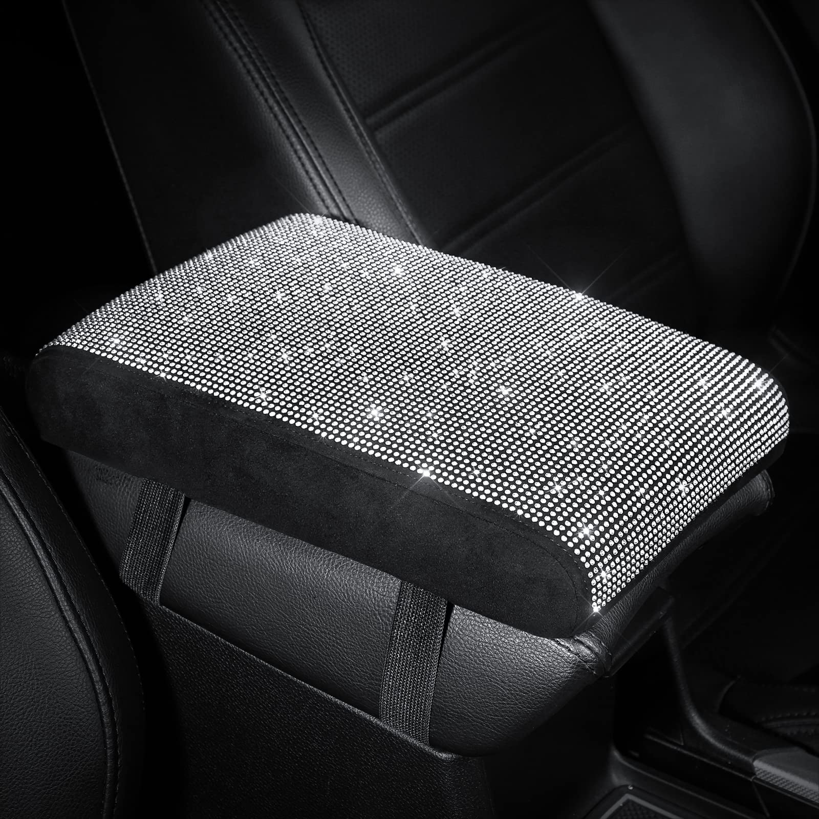 Seg Direct Diamond Auto Center Console Cover, Bling Car Armrest Cover, Memory Foam Armrest Cushion Pad With Crystal Rhinestones, Universal Seat Box Cover, White Diamond