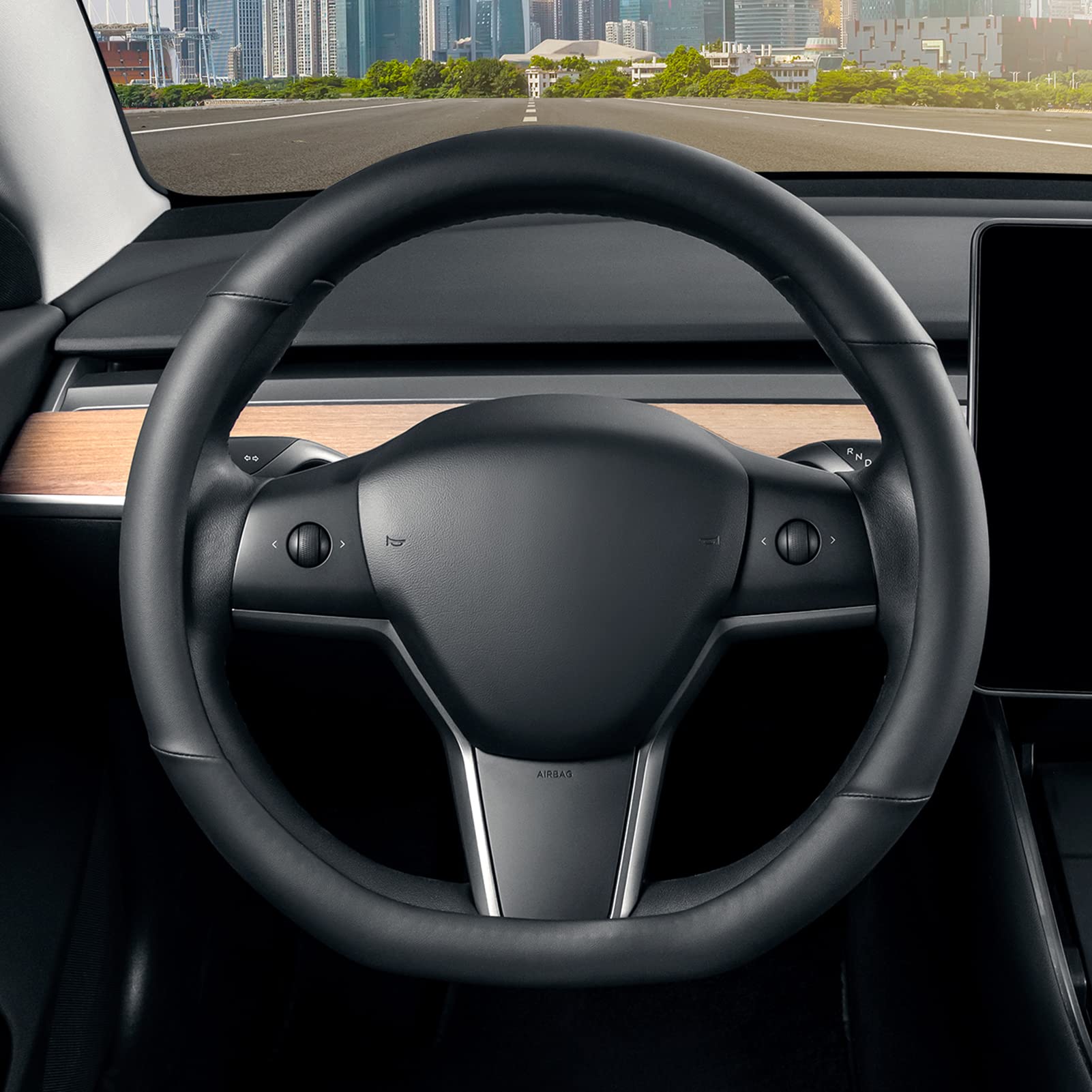 Seg Direct Flat Bottom Steering Wheel Cover, D Shaped Car Wheel Cover 14-14 1/4 In. (35.5-36 Cm), For Tesla Model 3 / Y, For Camaro, Black Microfiber Leather