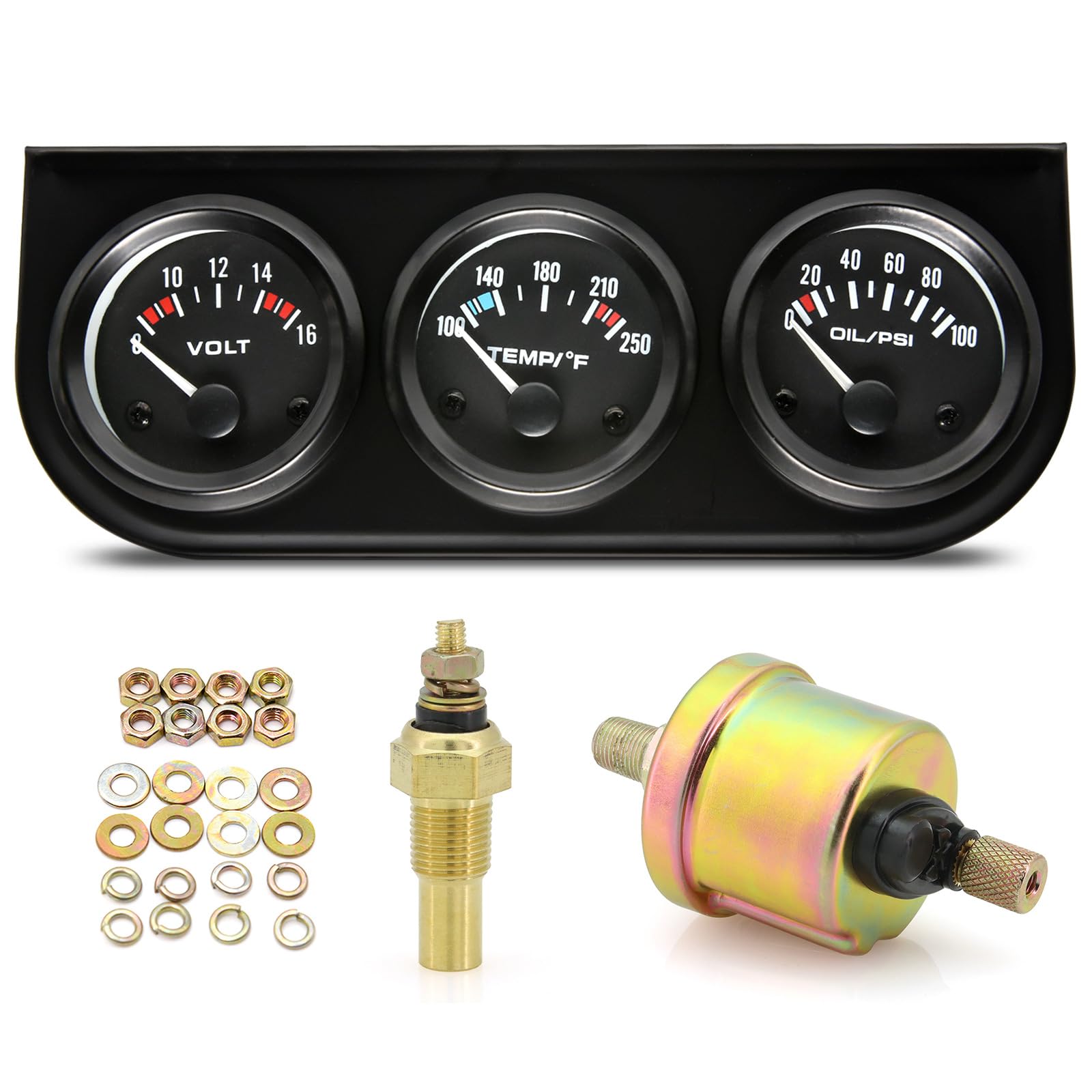 Artilaura 52Mm Triple Gauge Set (Oil Pressure + Water Temp + Voltmeter) 3 In1 Auto 3 Gauge Cluster Kit Dashboard With Black Console For 12V Cars
