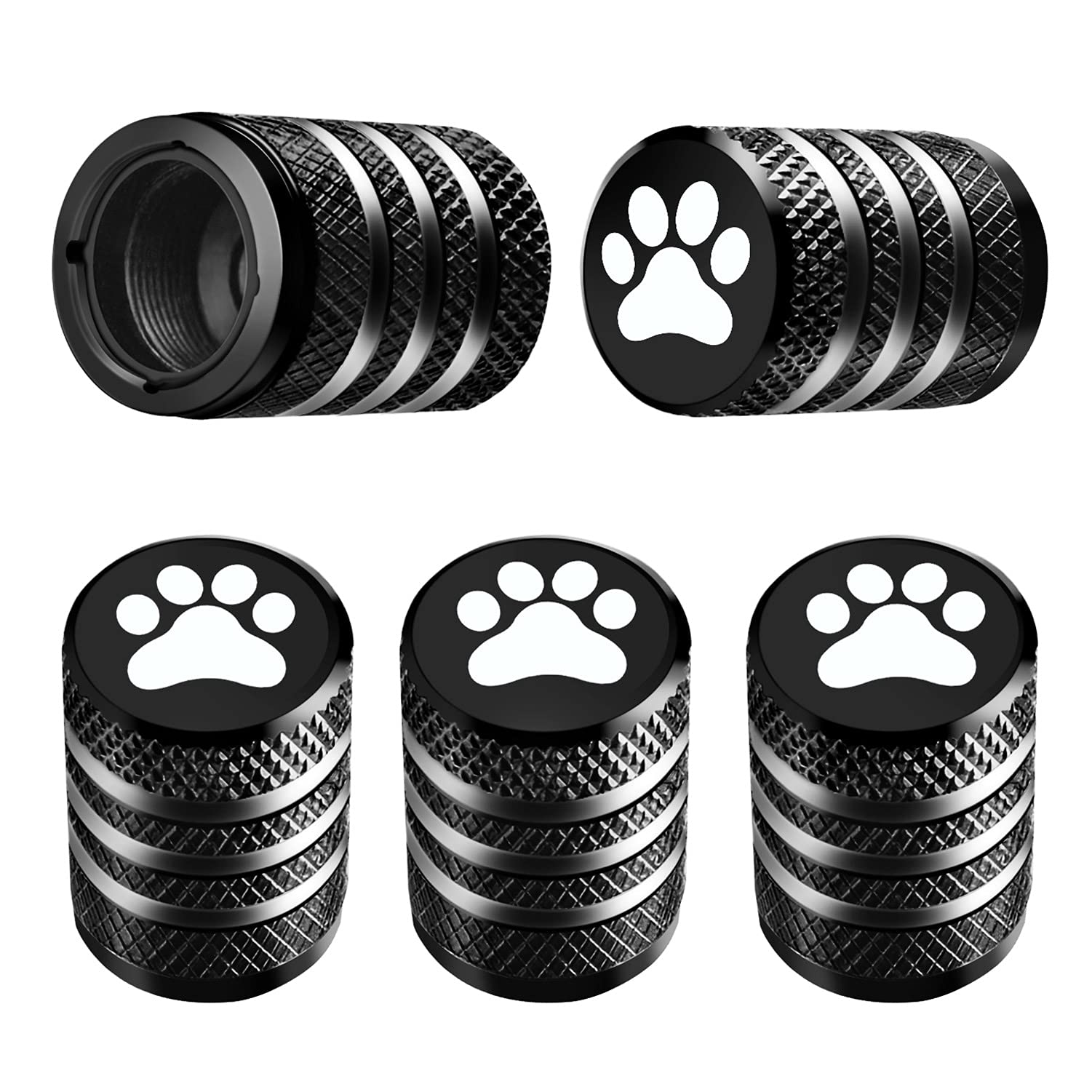 Tire Valve Stem Cap Cover - (5 Pack) Tire Air Caps Metal With Plastic Liner Corrosion Resistant Leak-Proof Cat/Dog Paw For Car Truck Motorcycle Bike Black