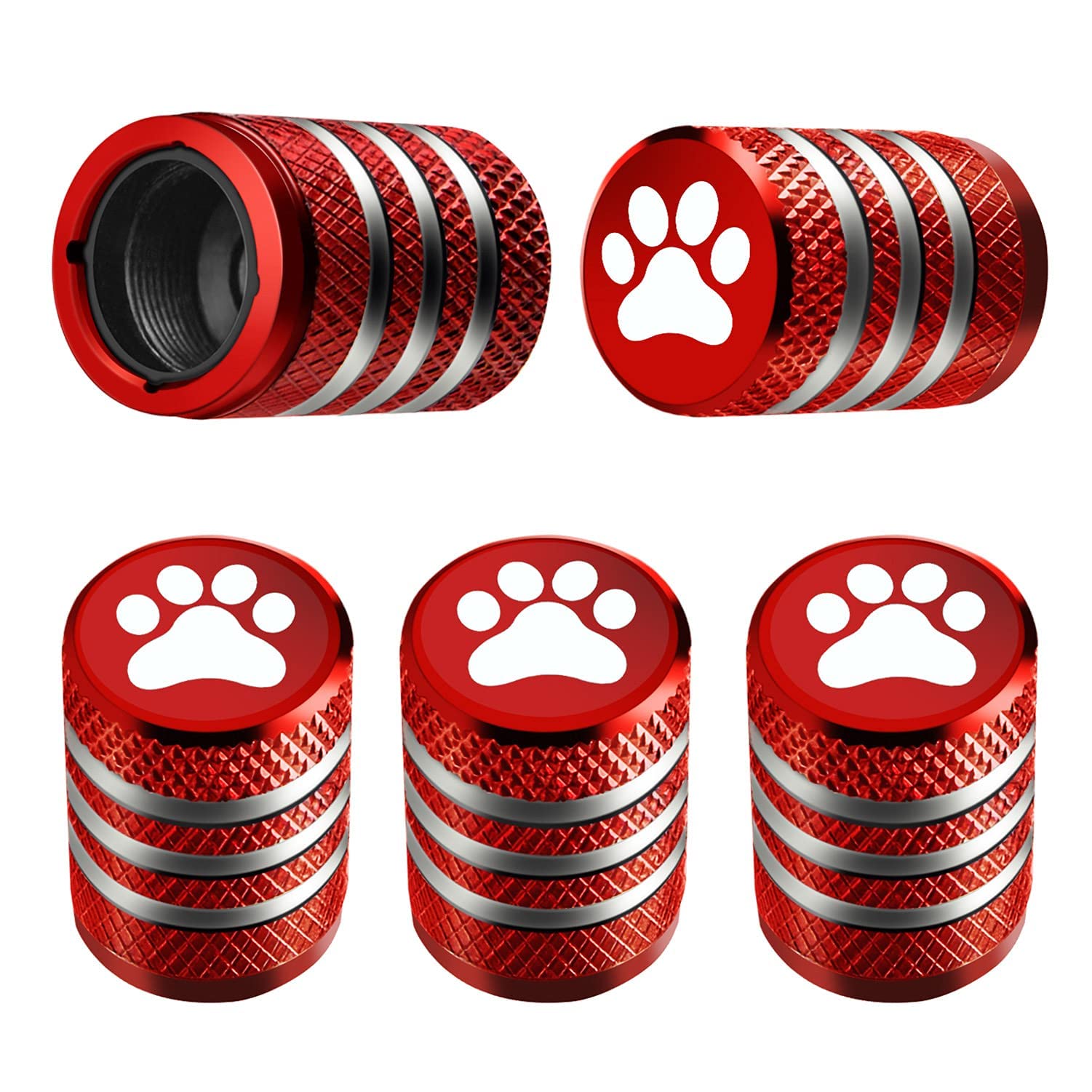 Tire Valve Stem Cap Cover - (5 Pack) Tire Air Caps Metal With Plastic Liner Corrosion Resistant Leak-Proof Cat/Dog Paw For Car Truck Motorcycle Bike Red