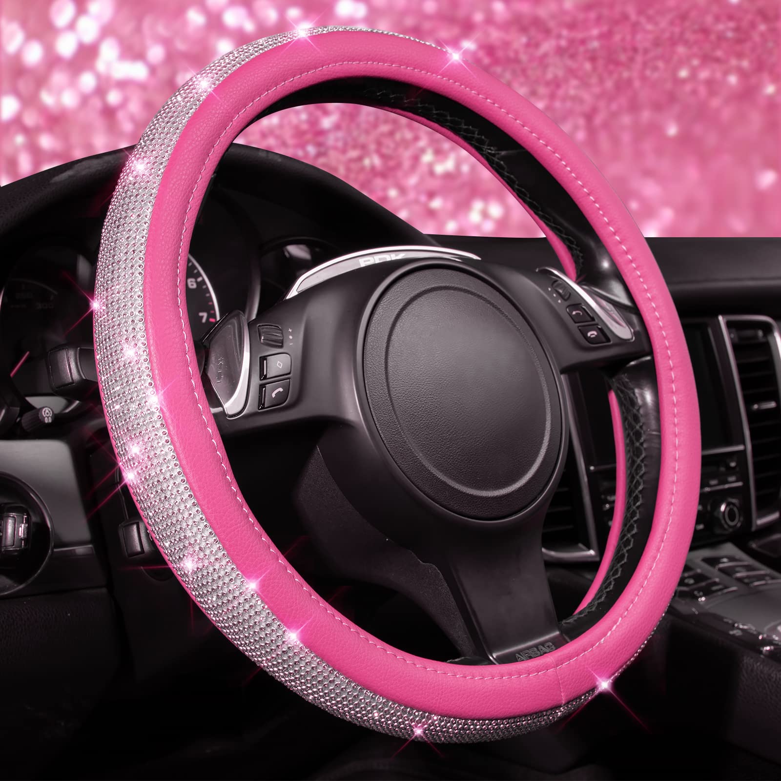 Car Pass Diamond Pink Leather Steering Wheel Cover, With Bling Crystal Rhinestones Universal Fit 14 1/2-15 Crystal Glitter For Women Sparkle Girl Fit Suvs,Vans,Sedans,Cars,Trucks, Pink Diamond
