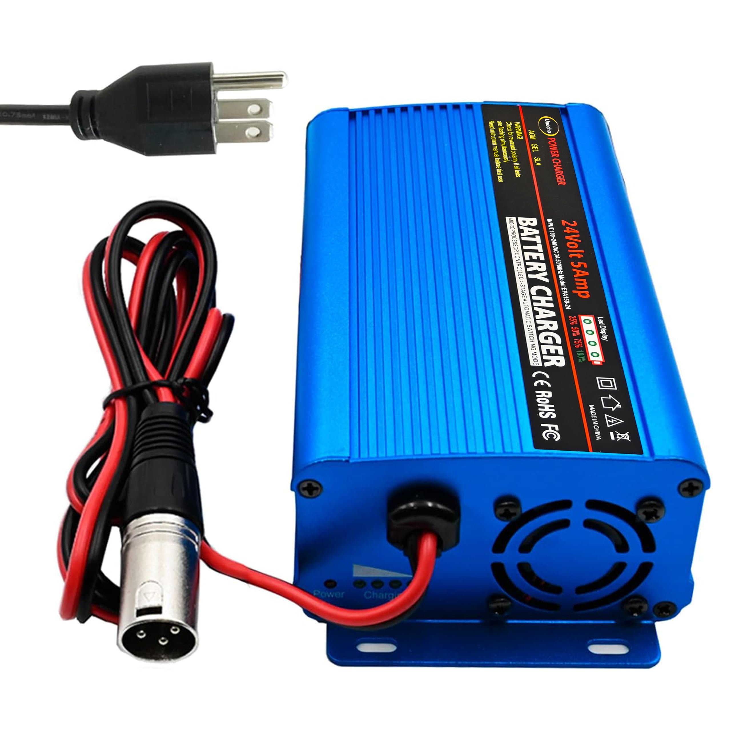 Unocho 24V Battery Charger Automatic Smart Charger 5A Trickle Charger And I/O Switch 3 Pin Xlr Connector Suitable For Charging Agm Gel Lead-Acid Batteries For Cars Wheelchairs Boats