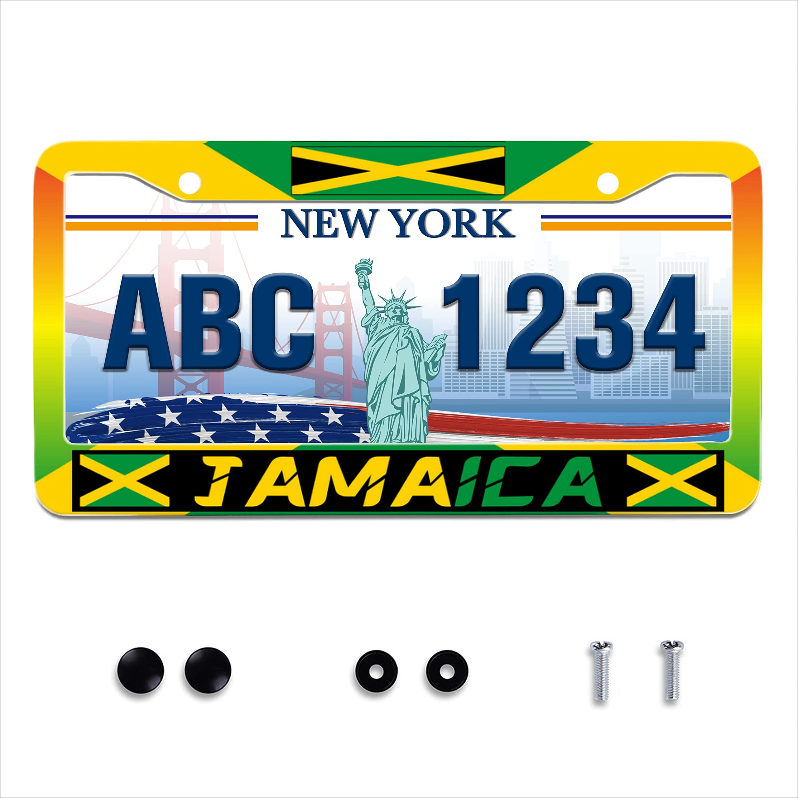 Jamaica License Plate Frame Jamaican Flag License Plate Holder Stainless Steel Rust-Proof Auto Parts Decoration With Screws License Plate Cover For Men Women Youth 12X6 Inch