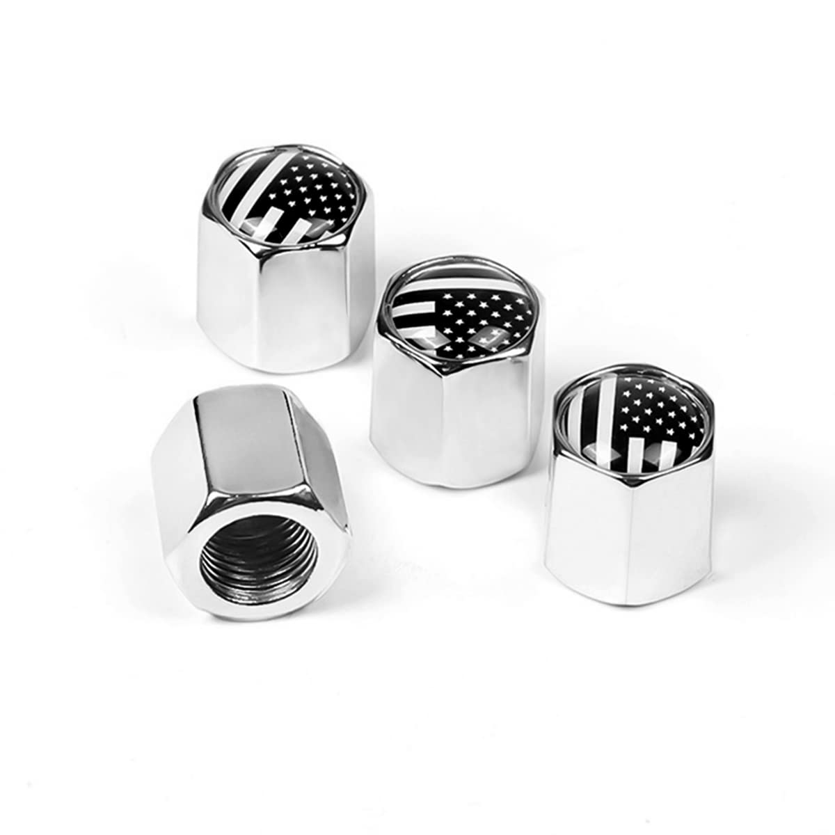 Tire Valve Stem Cap For Car, 4 Pack American Flag Pattern Anti-Rust Airtight Universal Valve Stem Covers For Cars, Vehicles, Bicycles, Trucks, Motorcycles, Car Accessories (Silver)