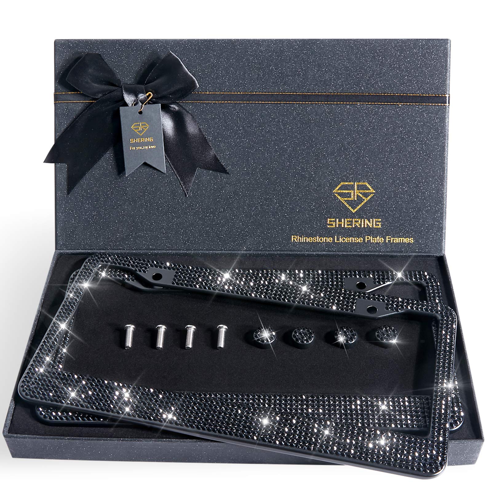 Shering Bling 2 Pack License Plate Frame With Premium Gift Box 1200Pcs Rhinestones For Women (Black Rhinestones)